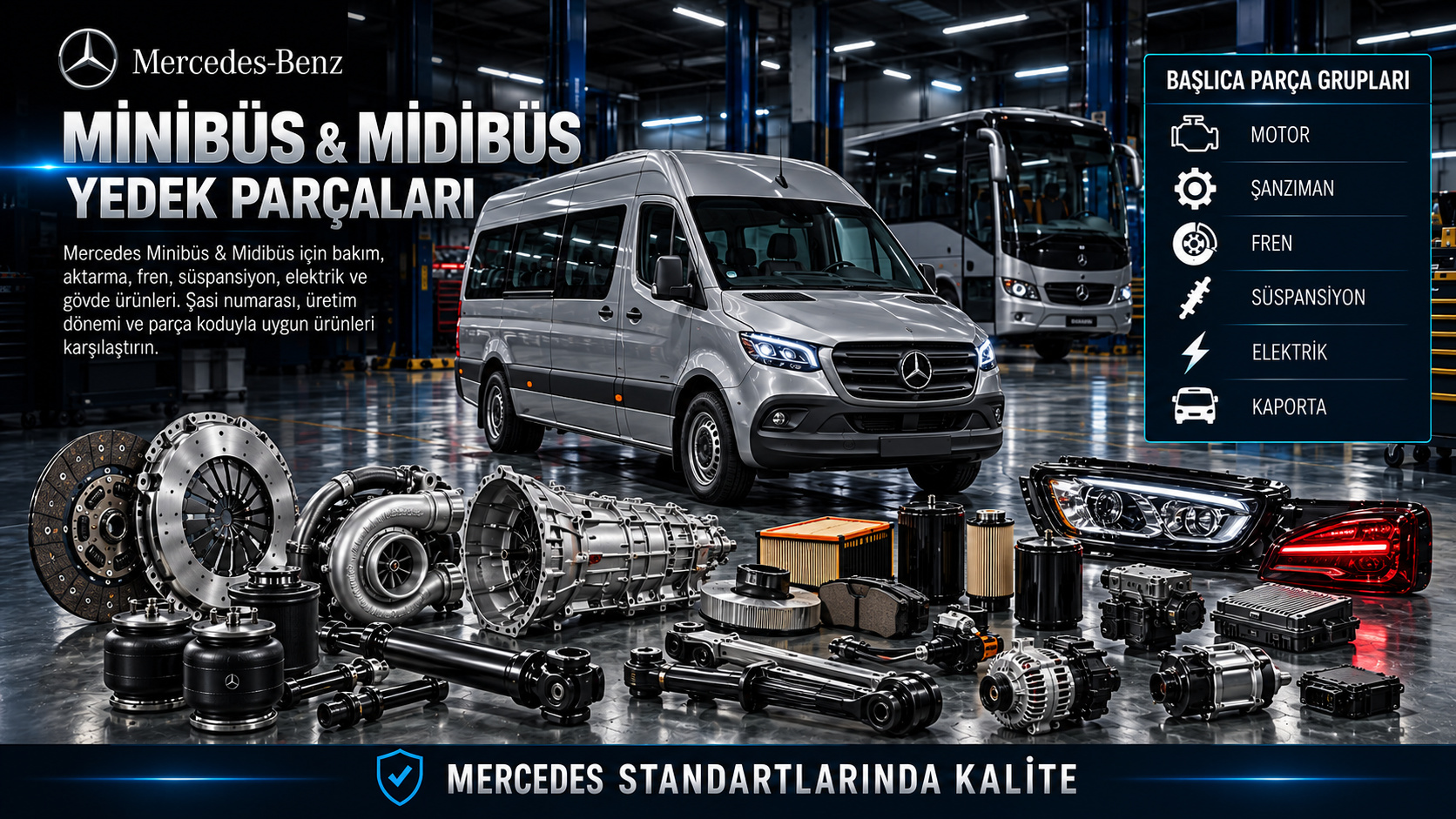 Mercedes minibüs ve midibüs motor, fren, süspansiyon, kapı ve aydınlatma parçaları