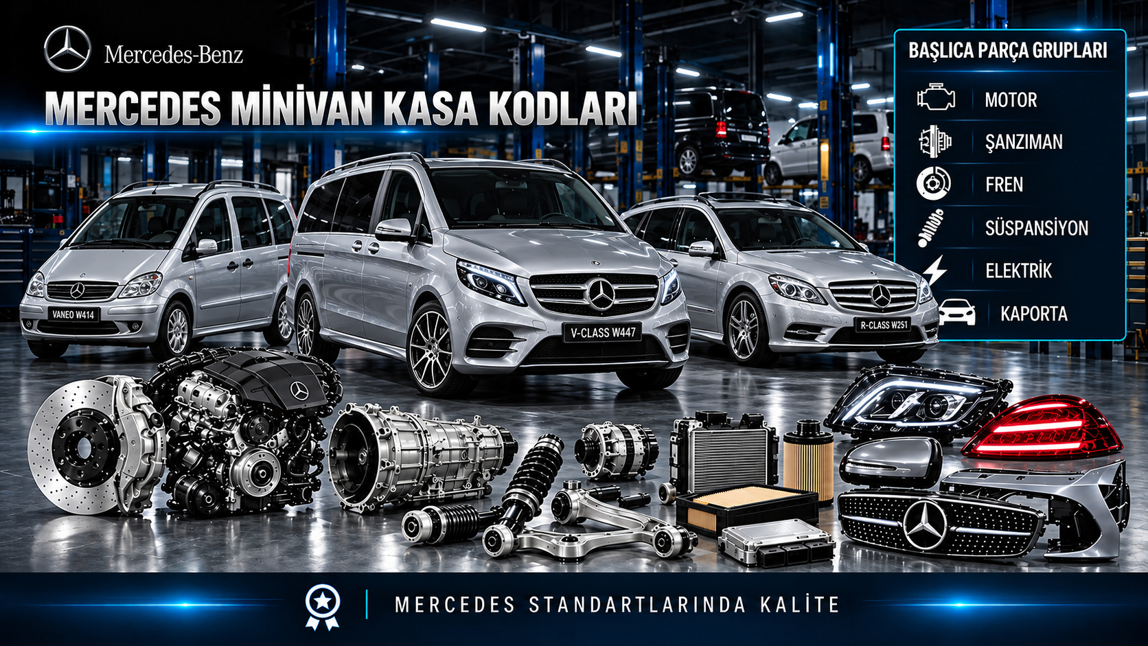 Mercedes minivan aileleri için kasa seçimi, bakım, fren, klima ve yolcu kabini parçaları