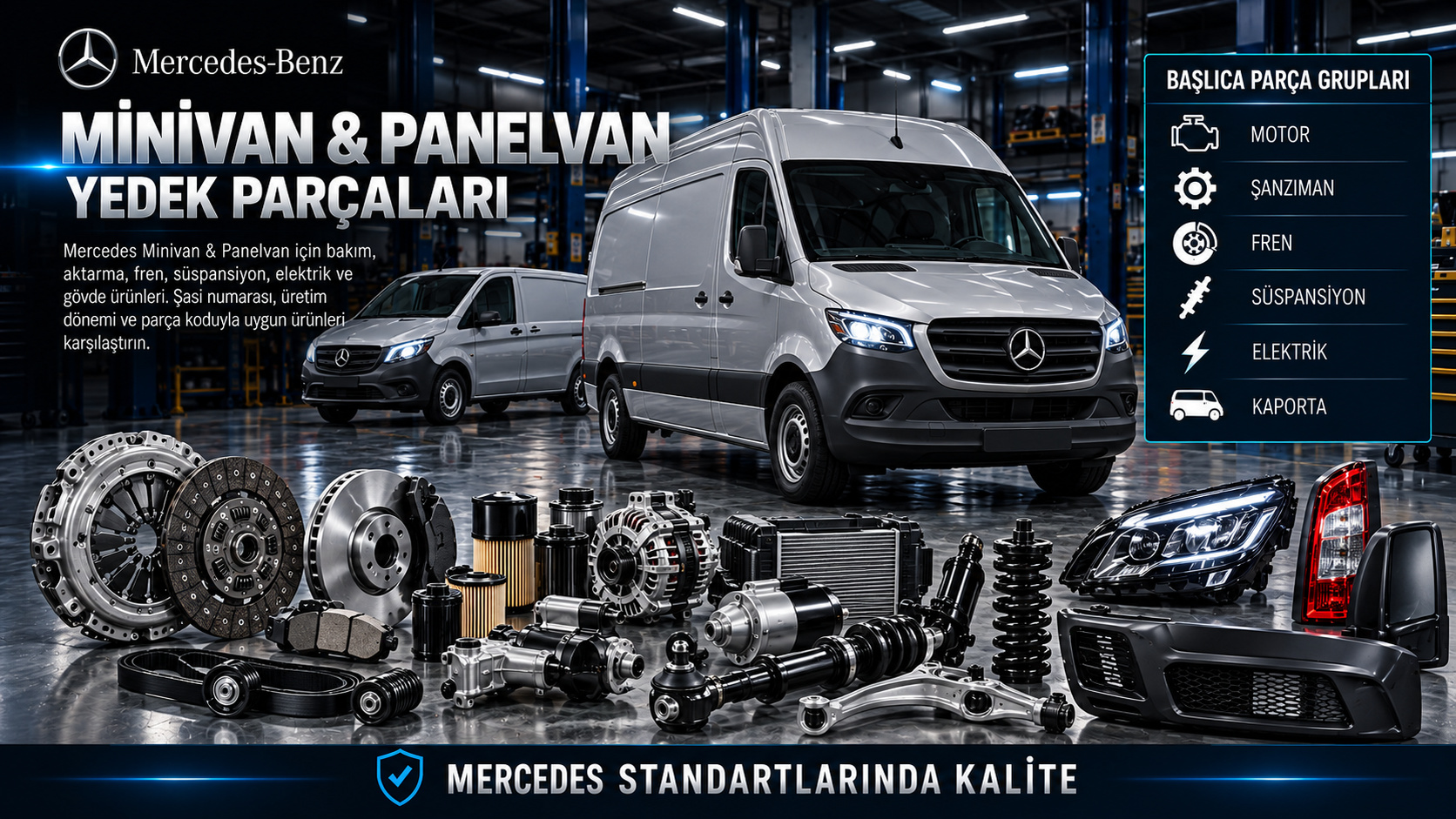 Mercedes minivan ve panelvan bakım, aktarma, yük bölümü ve gövde parçaları