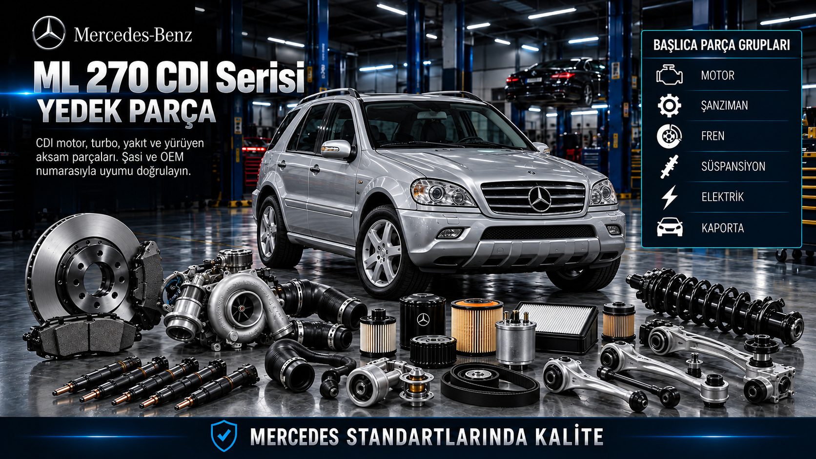 Mercedes ML 270 CDI SUV için dizel motor, enjektör, turbo, kızdırma ve yürüyen aksam parçaları