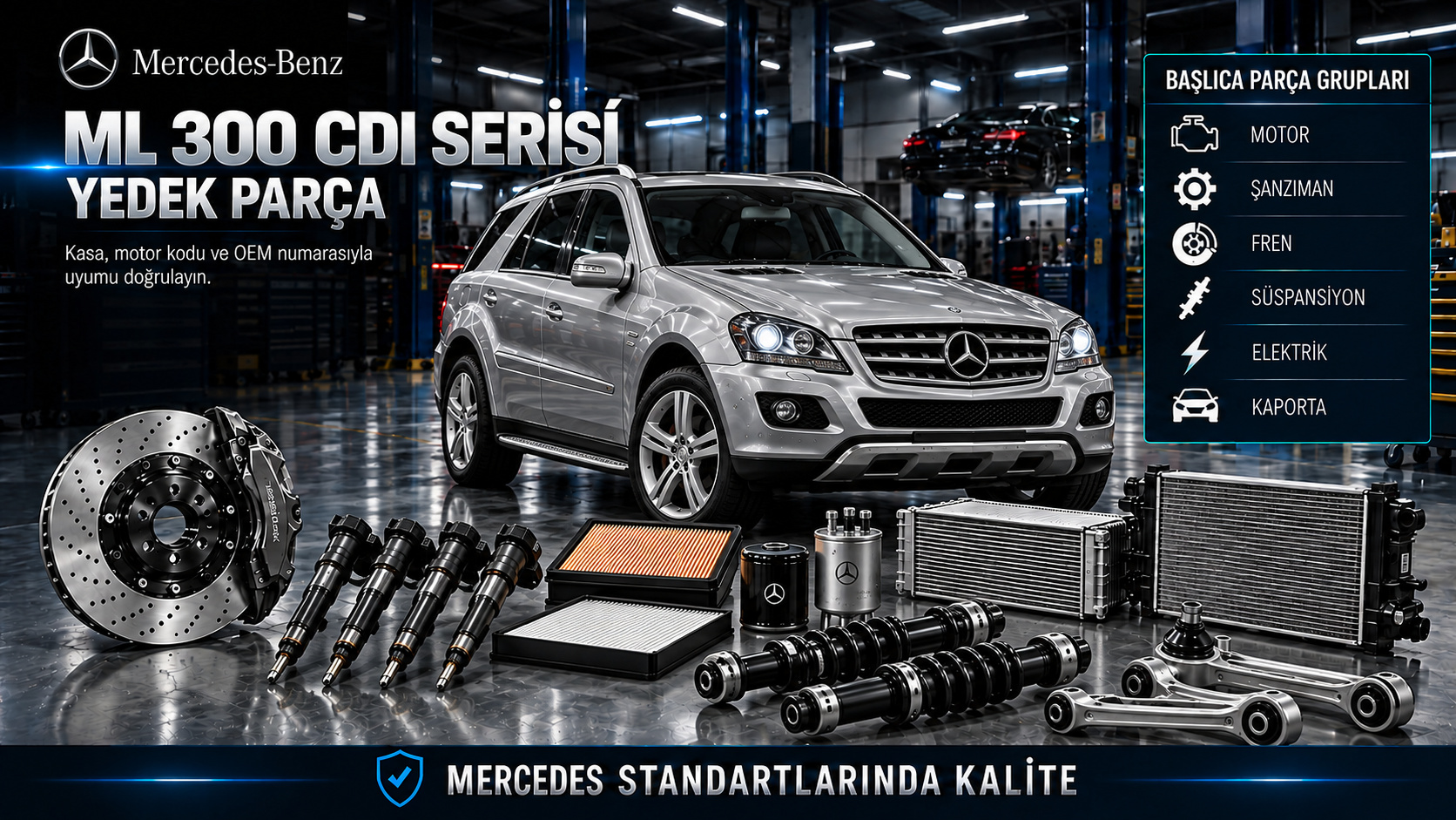 Mercedes ML 300 CDI SUV dizel bakım, soğutma, aktarma, fren ve süspansiyon parçaları
