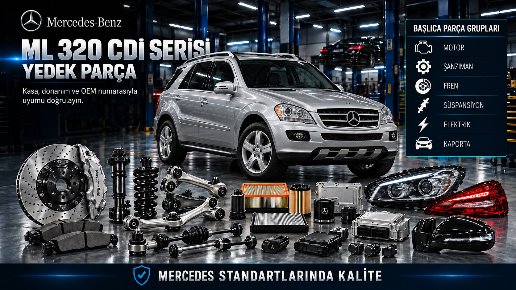 Mercedes ML 320 CDI dizel motor, yakıt sistemi, SUV aktarması ve süspansiyon parçaları