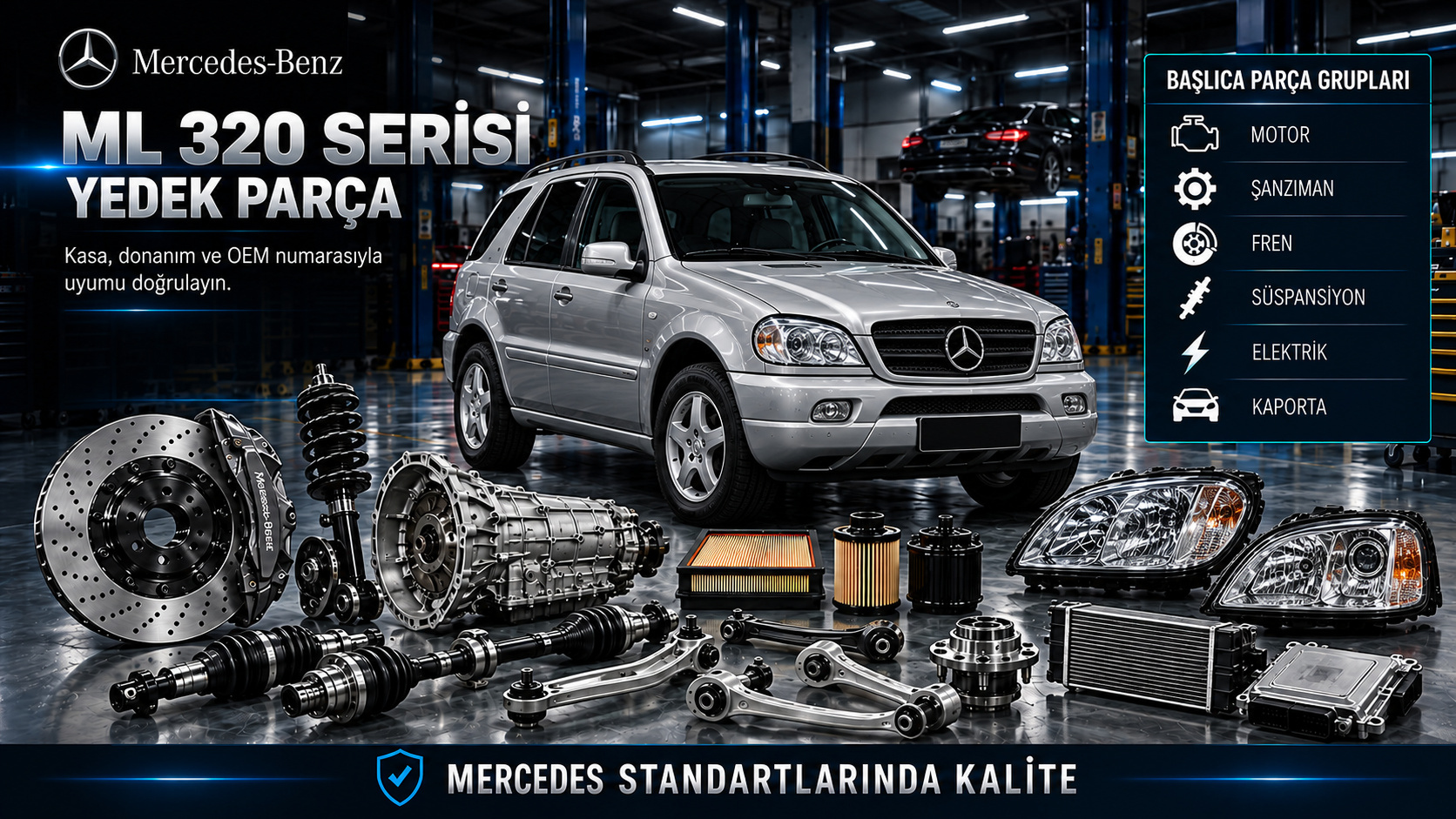 Mercedes ML 320 Serisi Yedek Parça kategori tanıtımı ve donanıma uygun ürün grupları