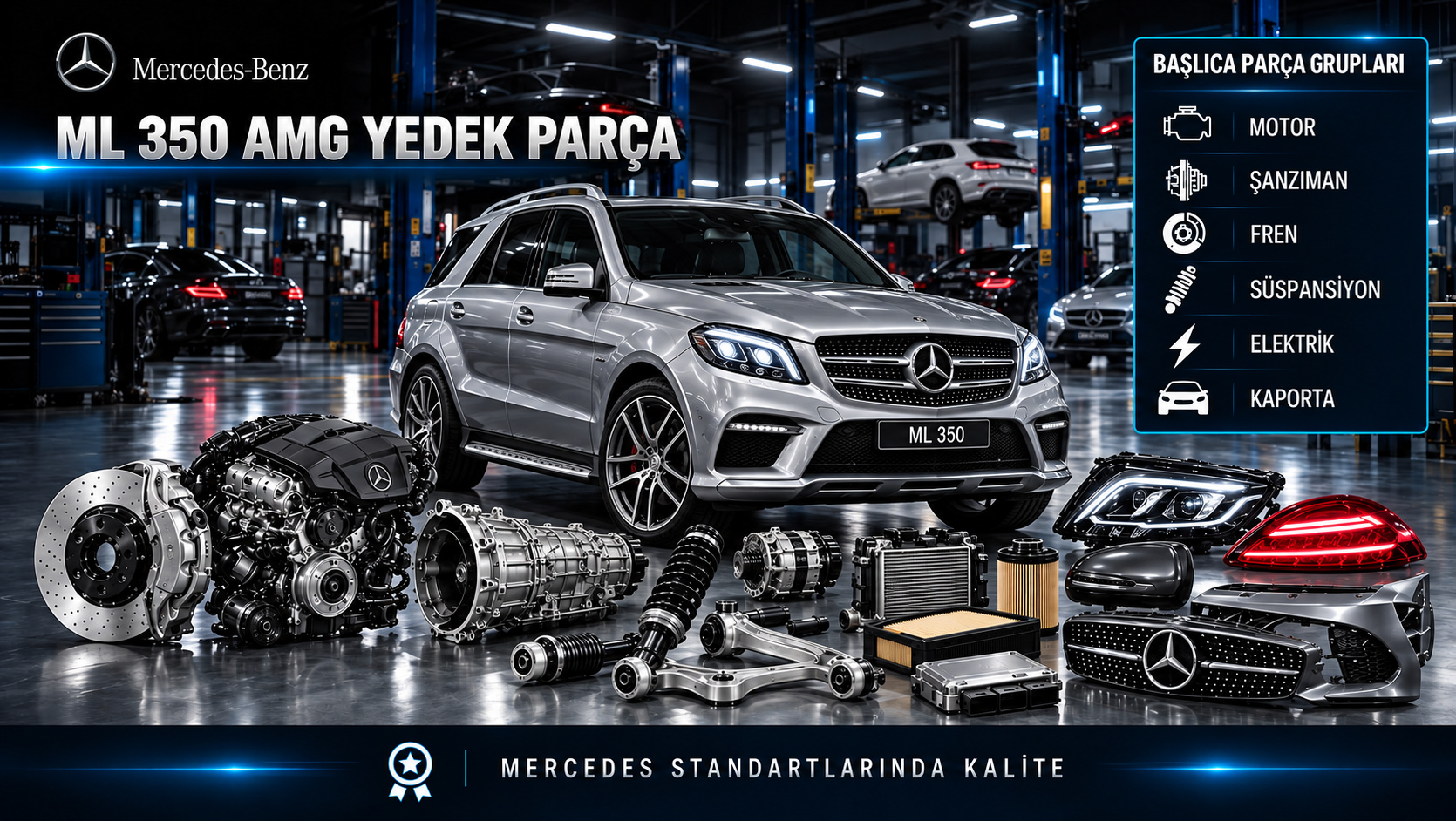 Mercedes ML 350 AMG donanımlı SUV için motor, bakım, fren, süspansiyon ve gövde parçaları