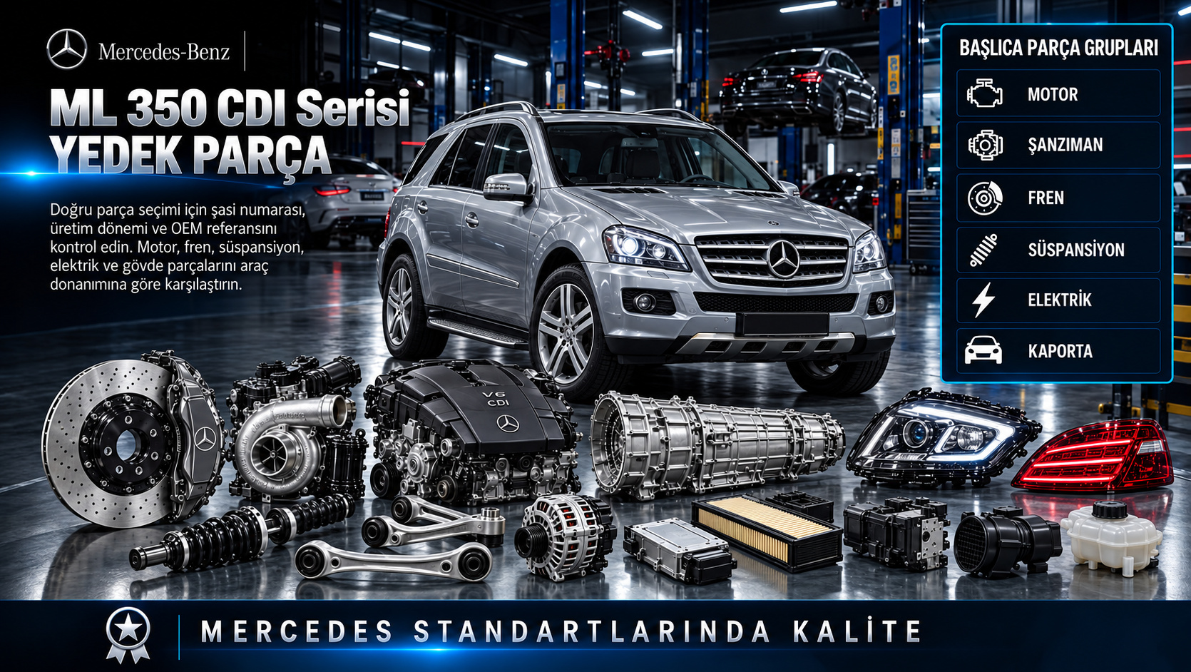 Mercedes ML 350 CDI Serisi Yedek Parça: motor, aktarma, fren, süspansiyon ve gövde parçaları