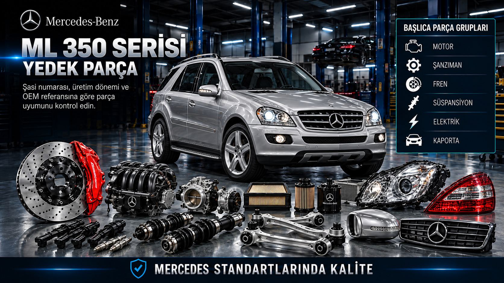 Mercedes ML 350 benzinli motor, şanzıman, SUV aktarması, fren ve süspansiyon parçaları