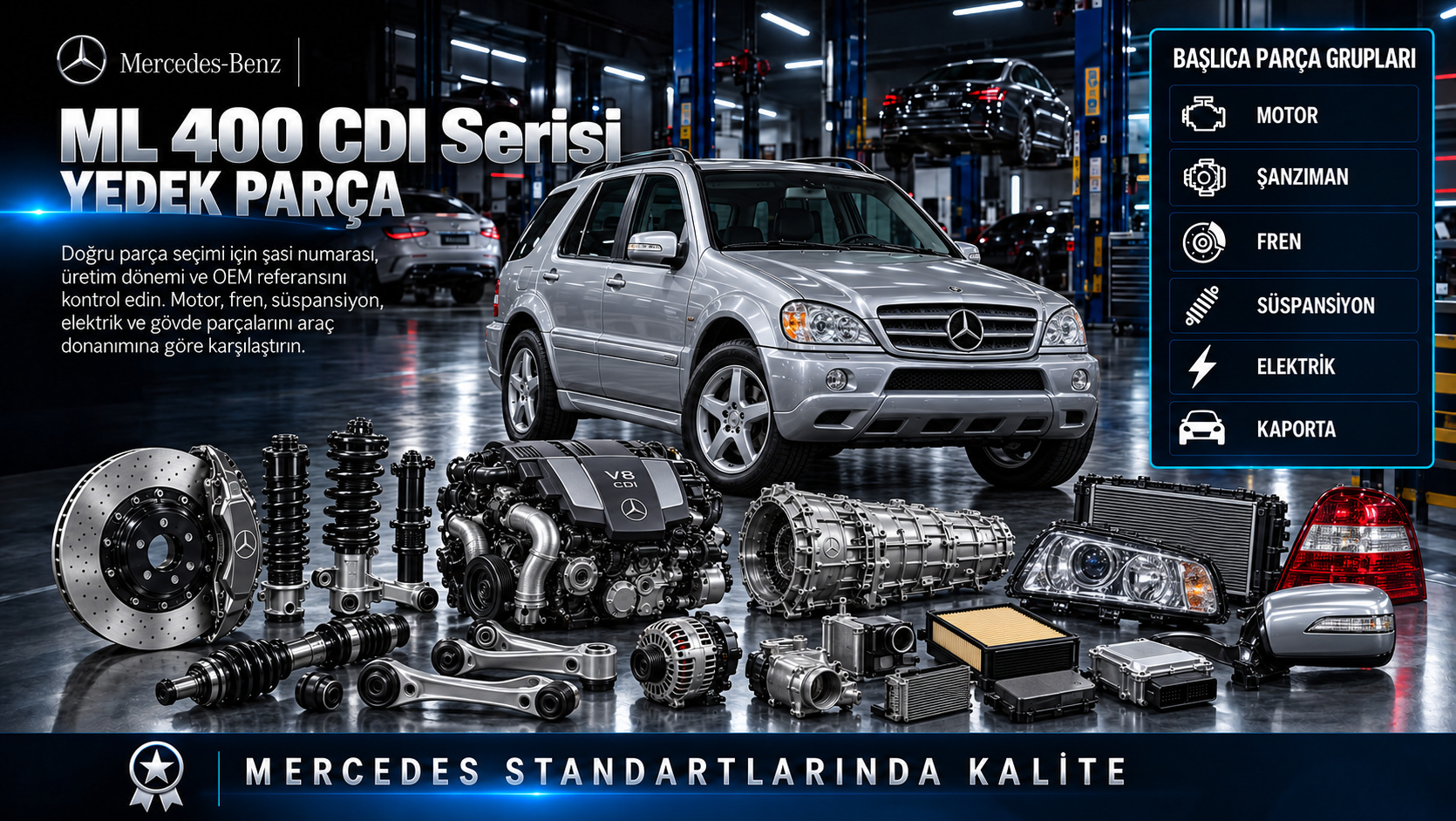 Mercedes ML 400 CDI Serisi dizel motor, turbo, SUV aktarma, fren ve süspansiyon parçaları