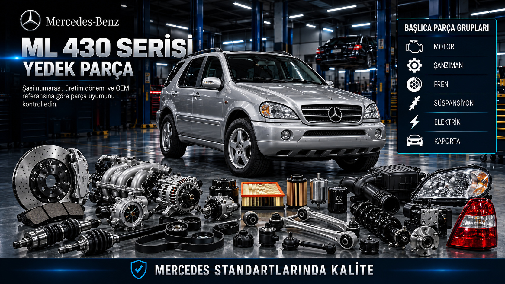 Mercedes ML 430 Serisi benzinli motor, aktarma, fren, süspansiyon ve SUV gövde parçaları