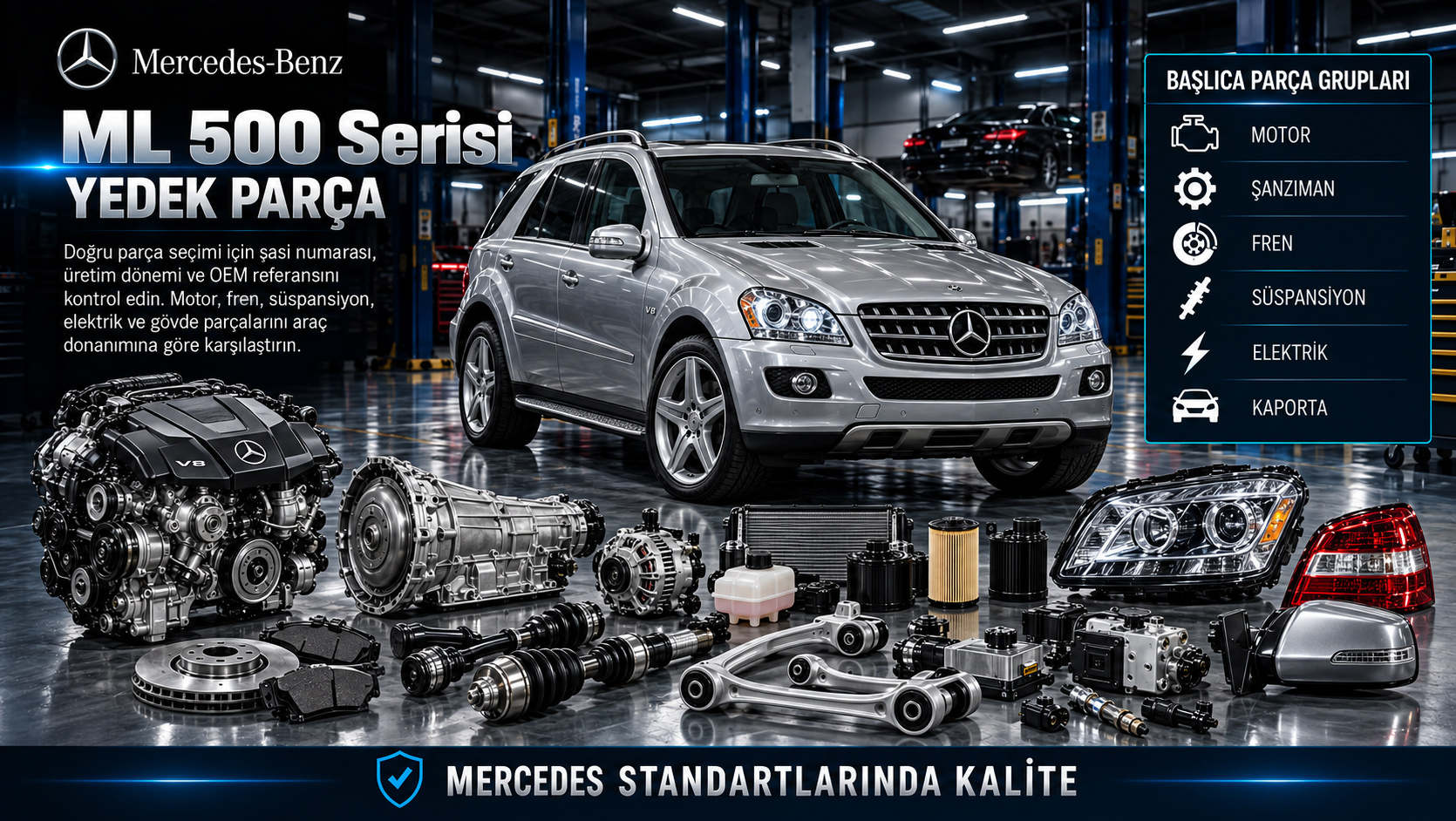 Mercedes ML 500 V8 motor, otomatik şanzıman, SUV aktarma ve süspansiyon parçaları