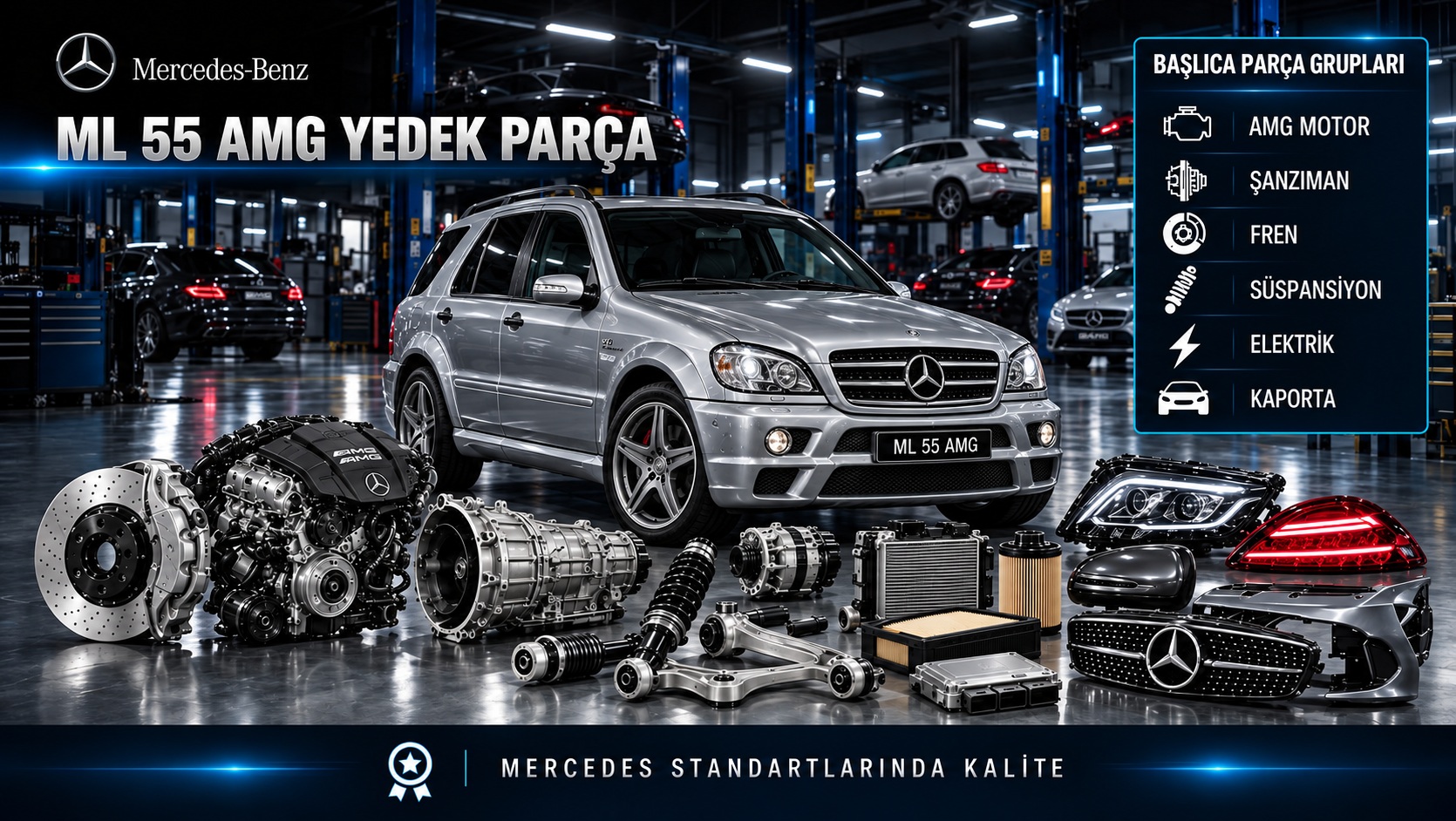 Mercedes ML 55 AMG SUV ve V8 motor, fren, süspansiyon, elektrik yedek parça grupları