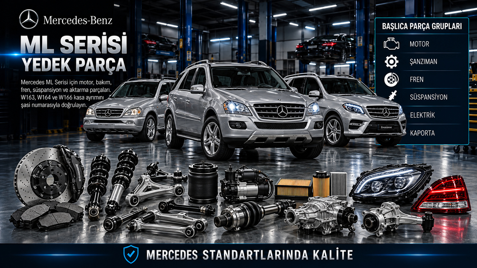 Mercedes-Benz ML Serisi SUV ailesi ve yedek parça gruplarını gösteren kategori görseli