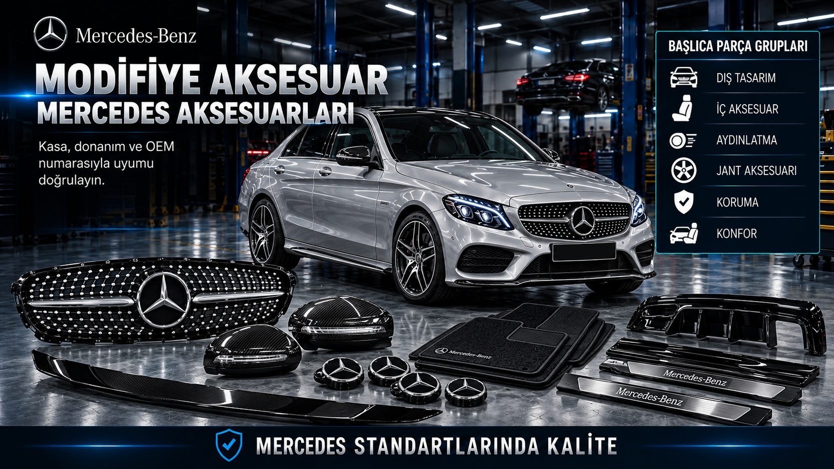 Mercedes modifiye aksesuar, ızgara, spoiler, ayna kapağı, paspas ve iç trim ürünleri