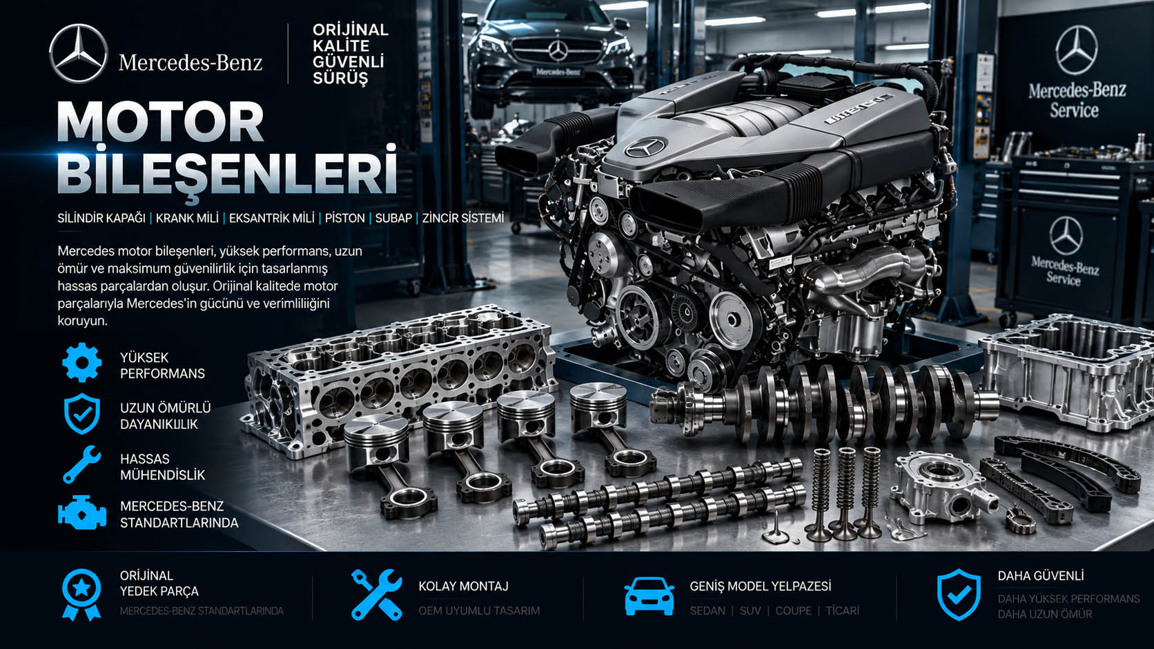 Mercedes motor bileşenleri, motor iç parçaları ve mekanik motor parçaları