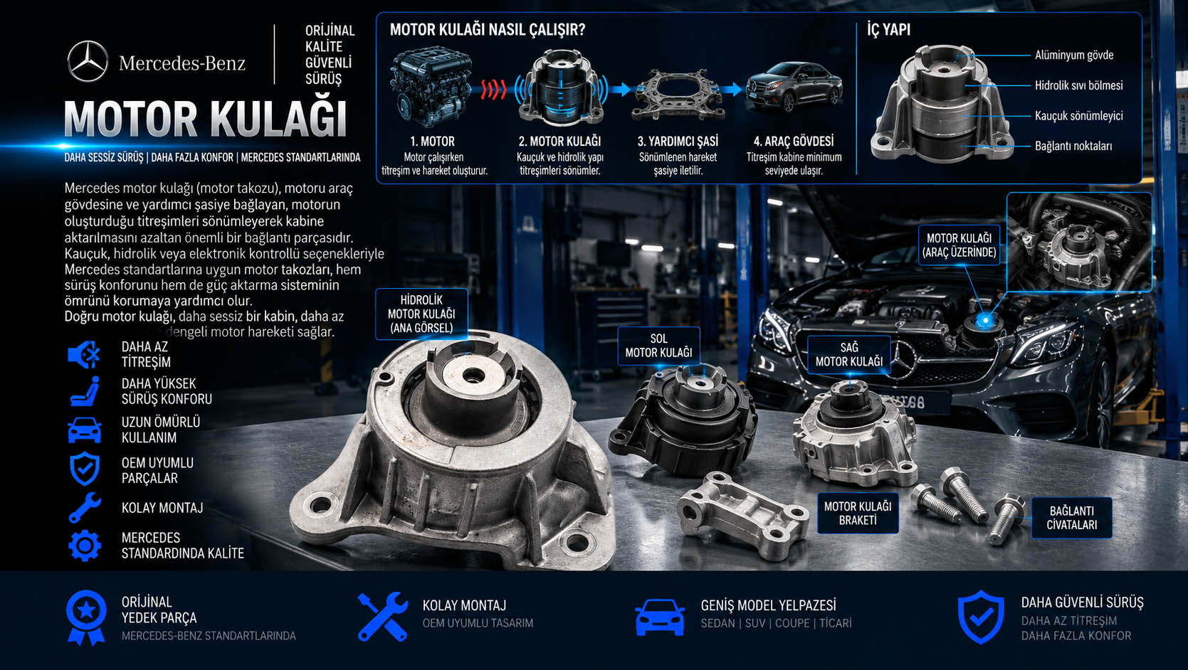 Mercedes motor kulağı, motor takozu, engine mount ve hidrolik motor takozu çeşitleri