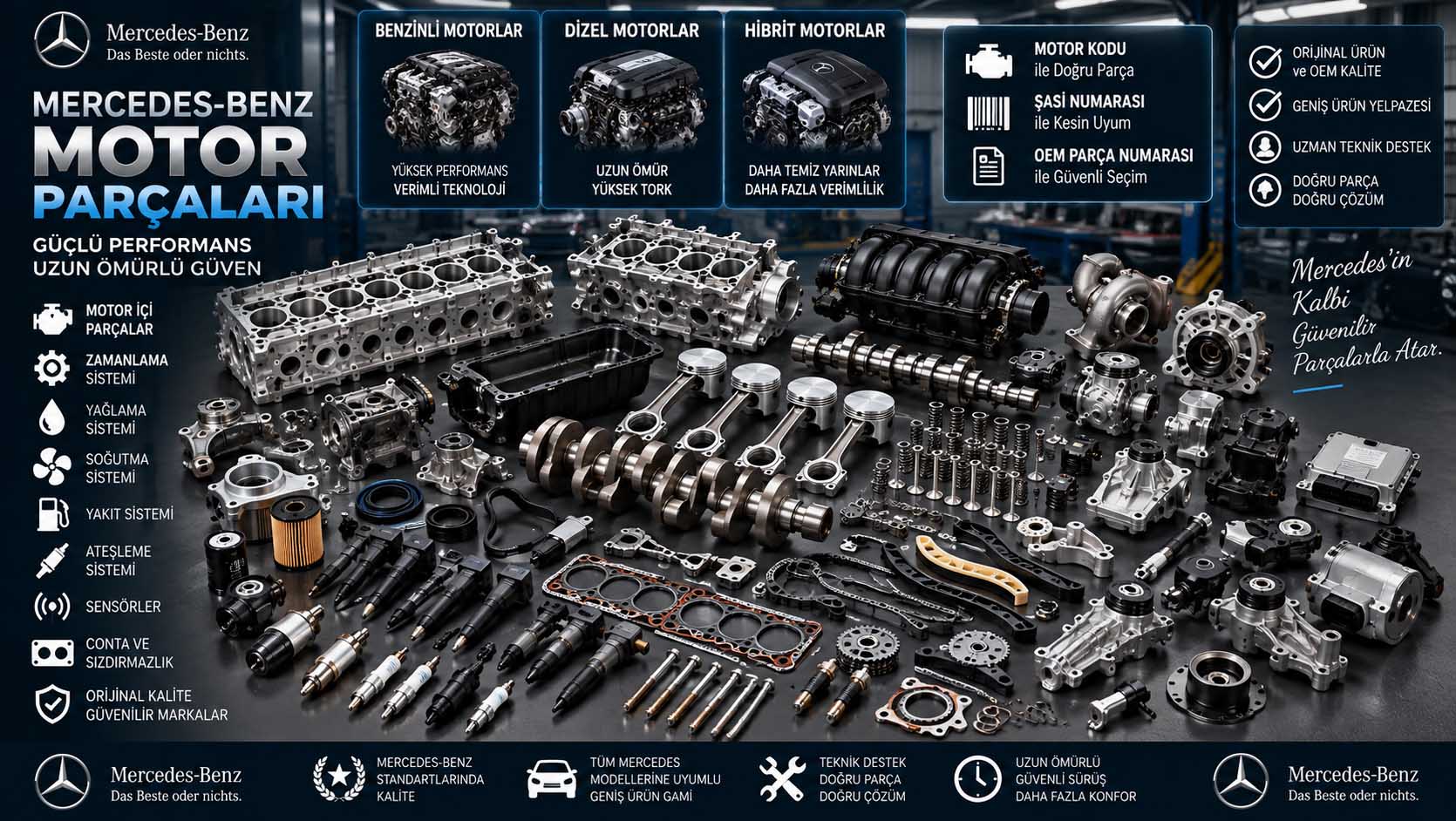 Mercedes motor parçaları piston krank mili silindir kapağı eksantrik conta yağlama soğutma ve zamanlama parçaları
