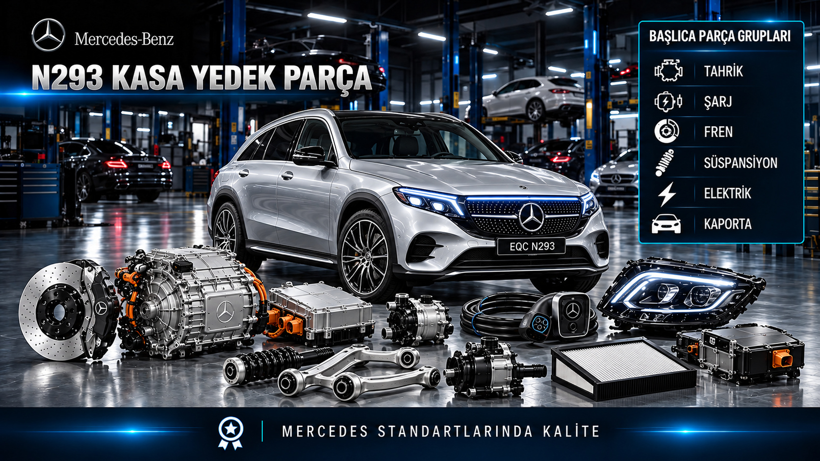 Mercedes EQC N293 elektrik motoru, inverter, şarj, termal yönetim ve gövde parçaları