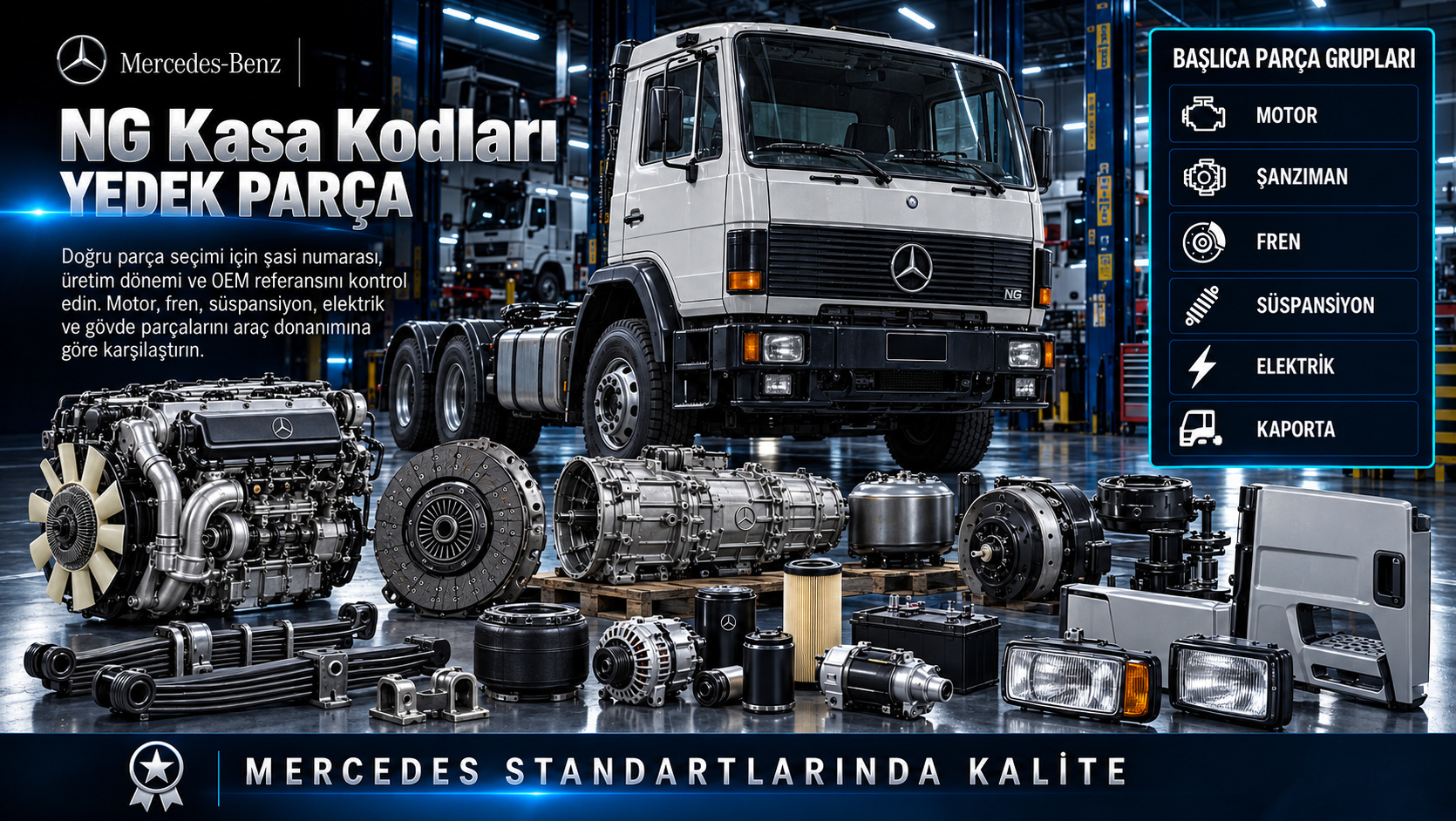 Mercedes NG Kasa Kodları: motor, aktarma, fren, süspansiyon ve gövde parçaları