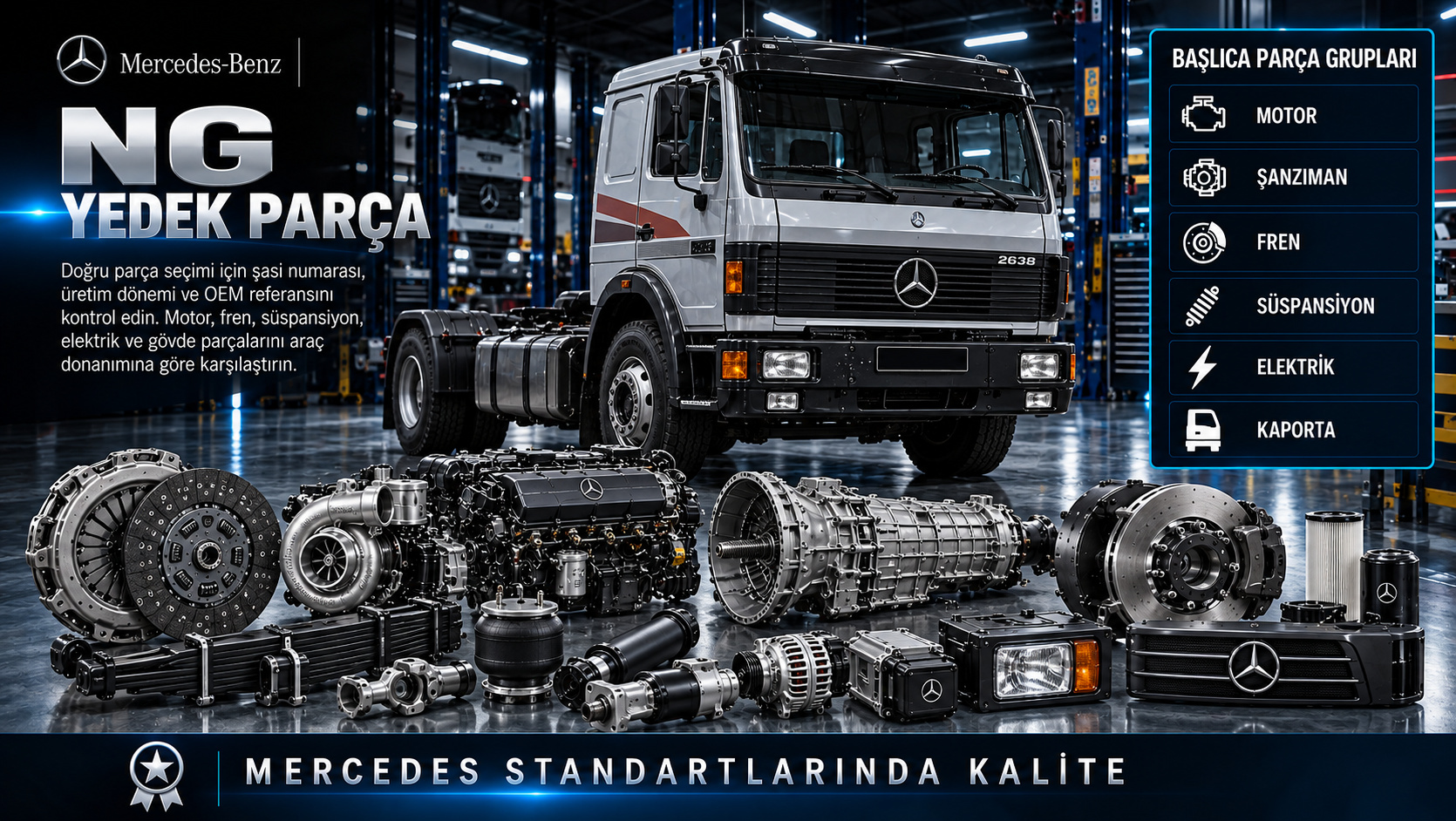 Mercedes NG Yedek Parçaları: motor, aktarma, fren, süspansiyon ve gövde parçaları