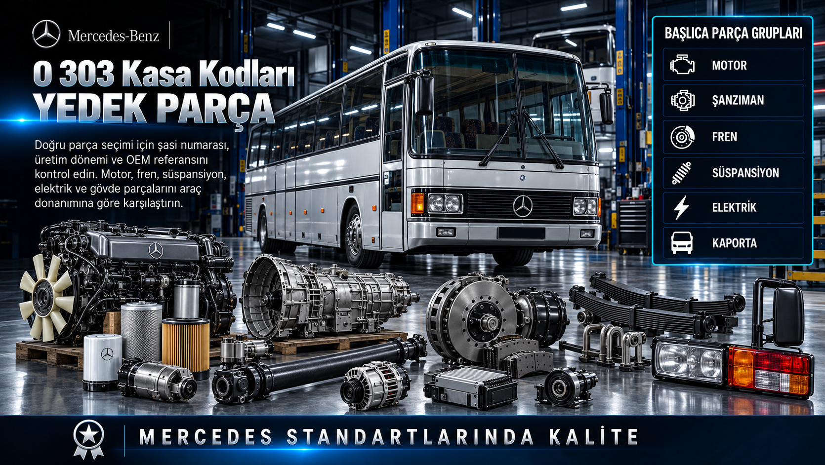 Mercedes O 303 Kasa Kodları: motor, aktarma, fren, süspansiyon ve gövde parçaları