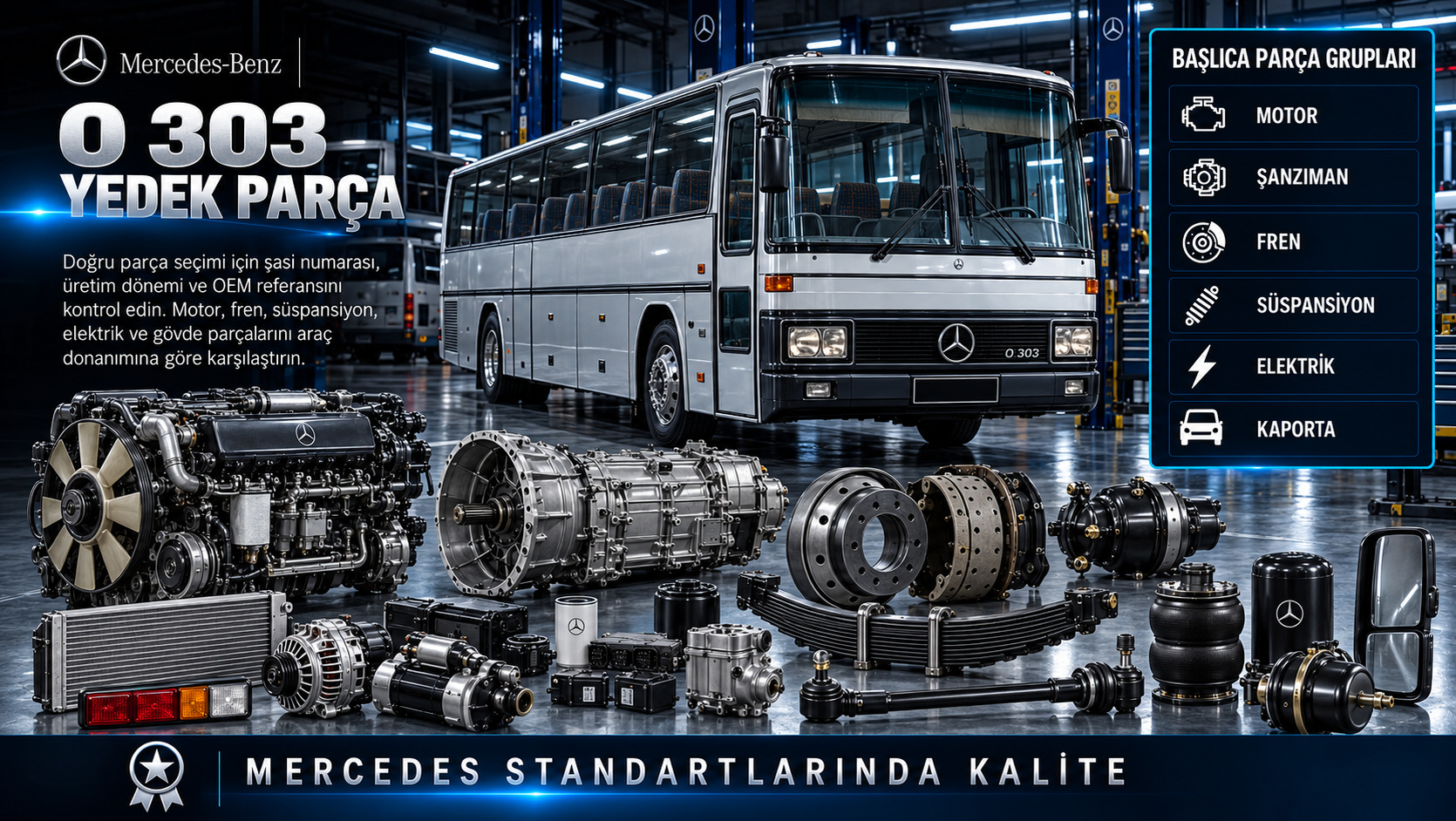 Mercedes O 303 Yedek Parçaları: motor, aktarma, fren, süspansiyon ve gövde parçaları