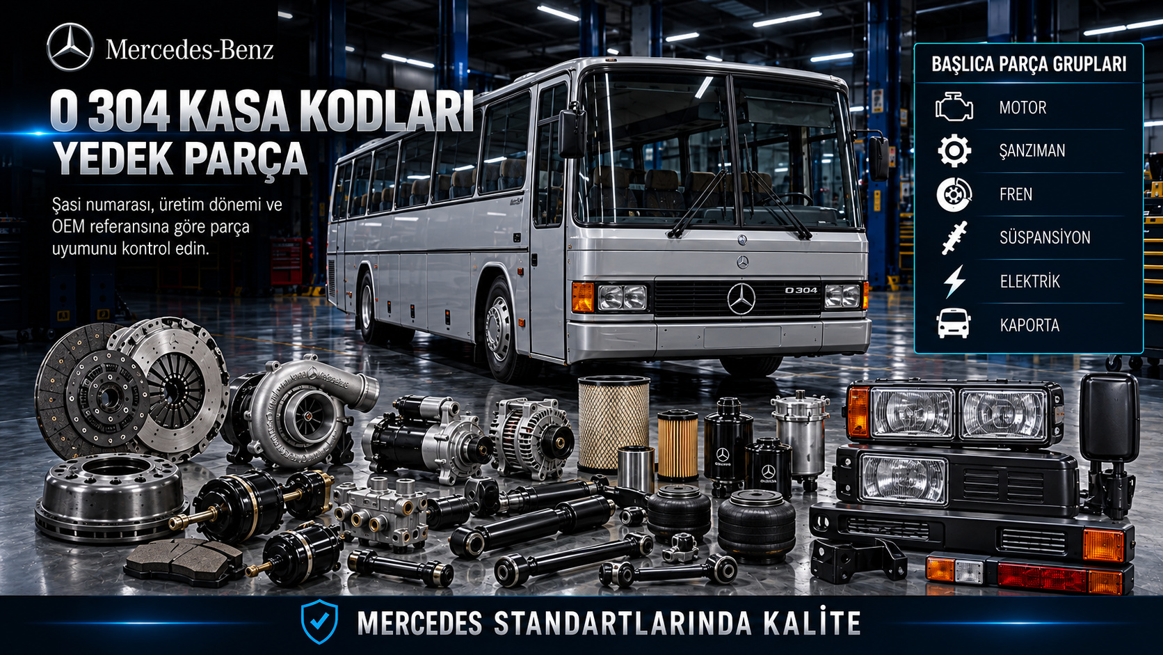 Mercedes O 304 otobüs kasa kodları, motor, şanzıman, aks ve üstyapı parçaları