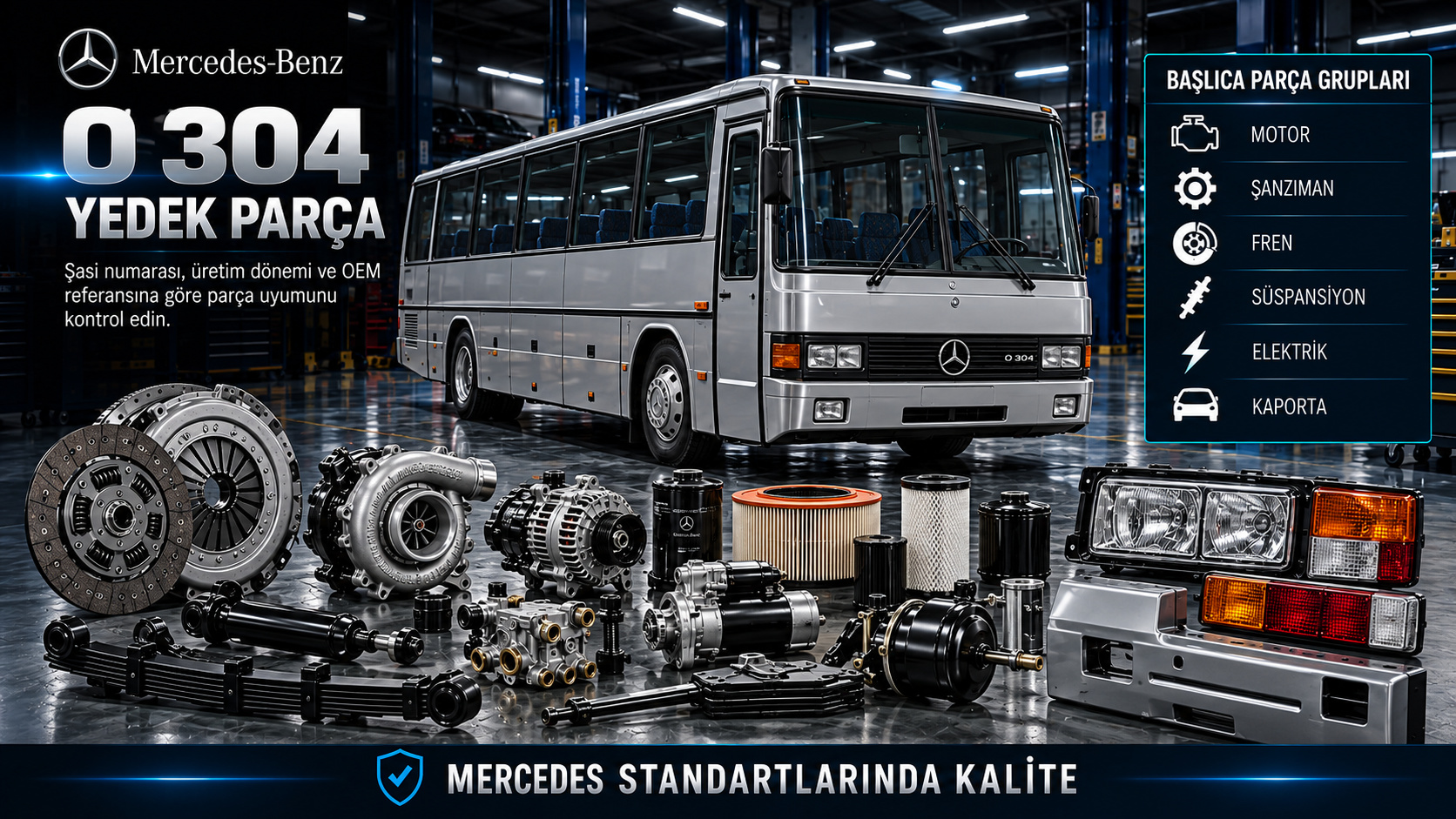 Mercedes O 304 otobüs motor, debriyaj, fren, hava sistemi ve yolcu kabini parçaları
