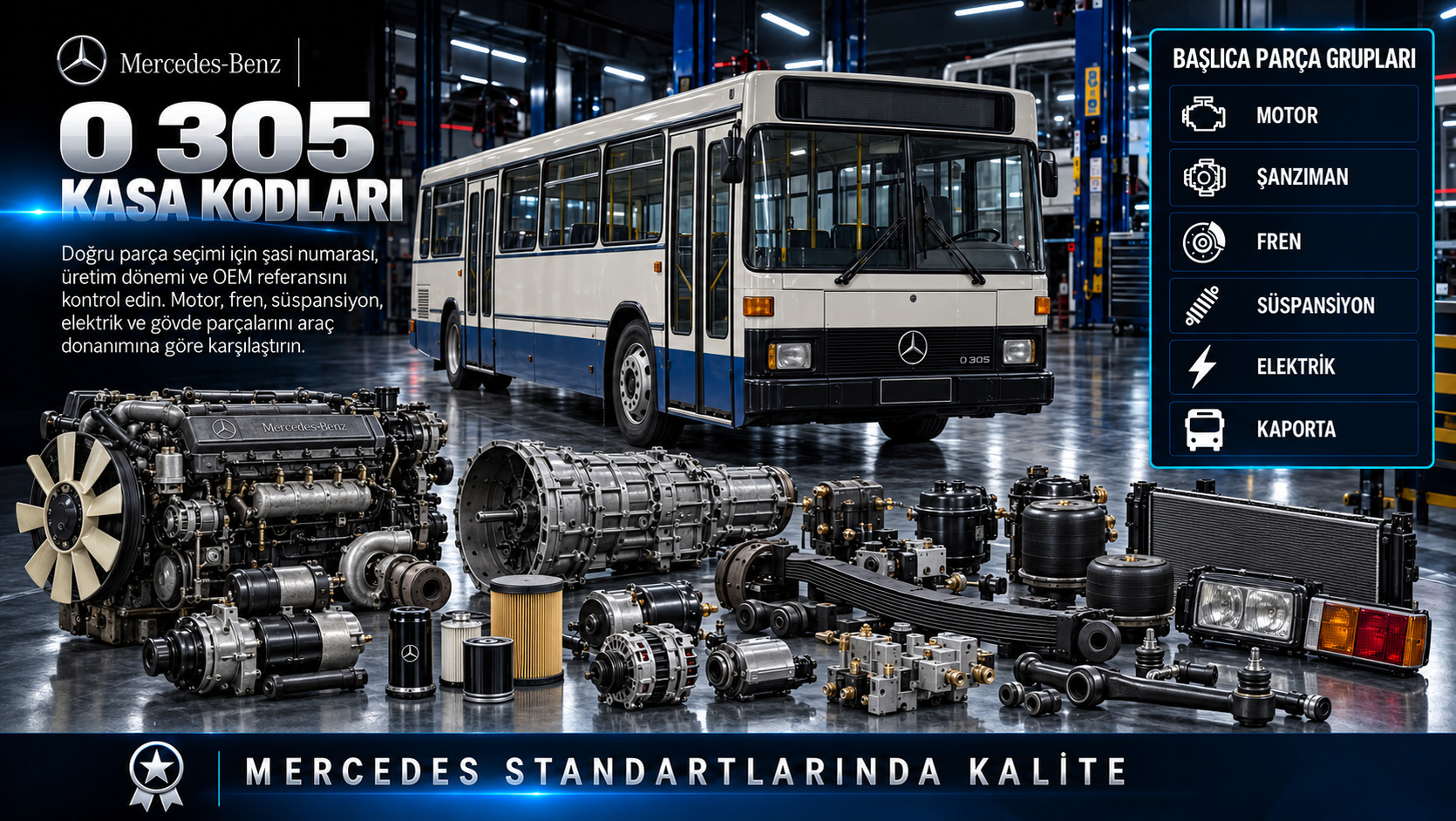 Mercedes O 305 şehir otobüsü kasa, motor, havalı fren ve yolcu gövdesi parçaları