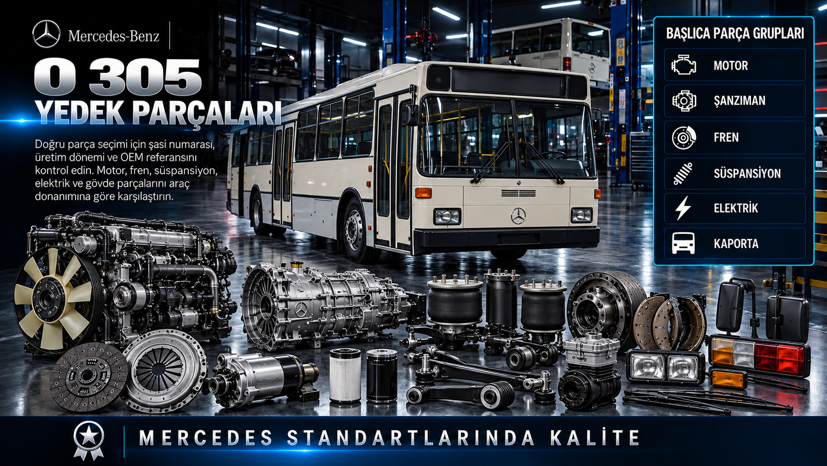 Mercedes O 305 klasik şehir otobüsü motor, soğutma, havalı fren ve restorasyon parçaları