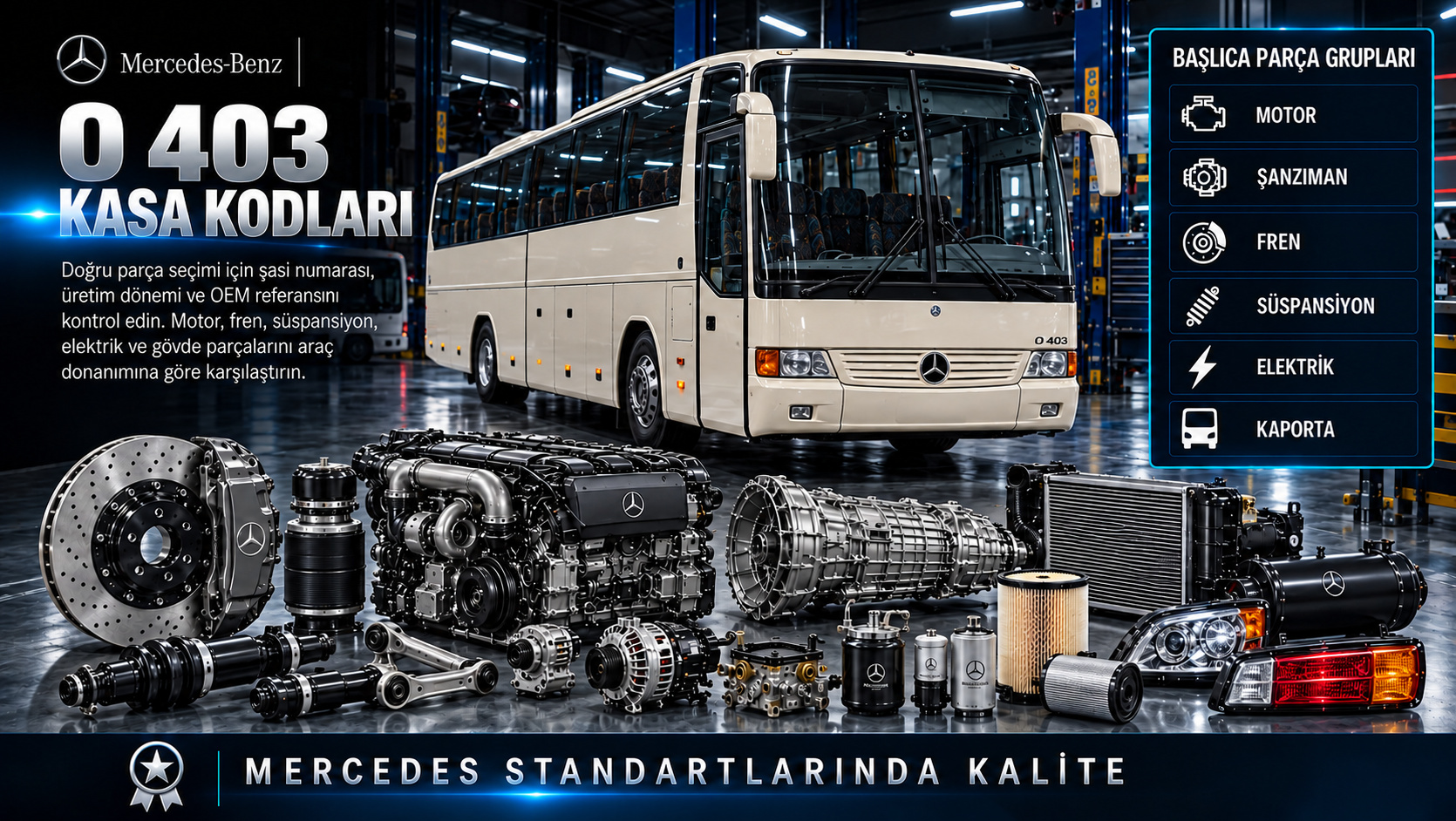 Mercedes O 403 otobüs kasa, motor, havalı fren, klima ve yolcu gövdesi parçaları