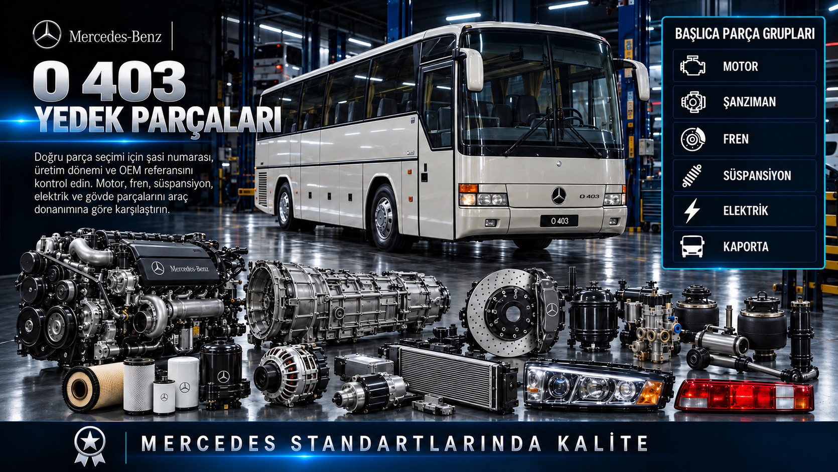 Mercedes O 403 şehirlerarası otobüs motor, fren, soğutma ve gövde yedek parçaları