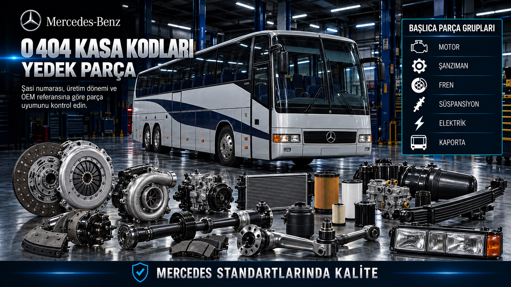 Mercedes O 404 otobüs kasa kodları, motor, aktarma, hava fren, süspansiyon ve gövde parçaları