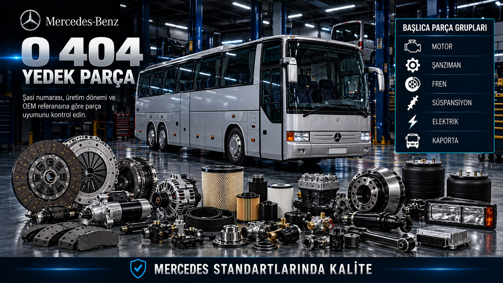 Mercedes O 404 otobüs motor bakım, hava fren, süspansiyon, soğutma ve karoser yedek parçaları
