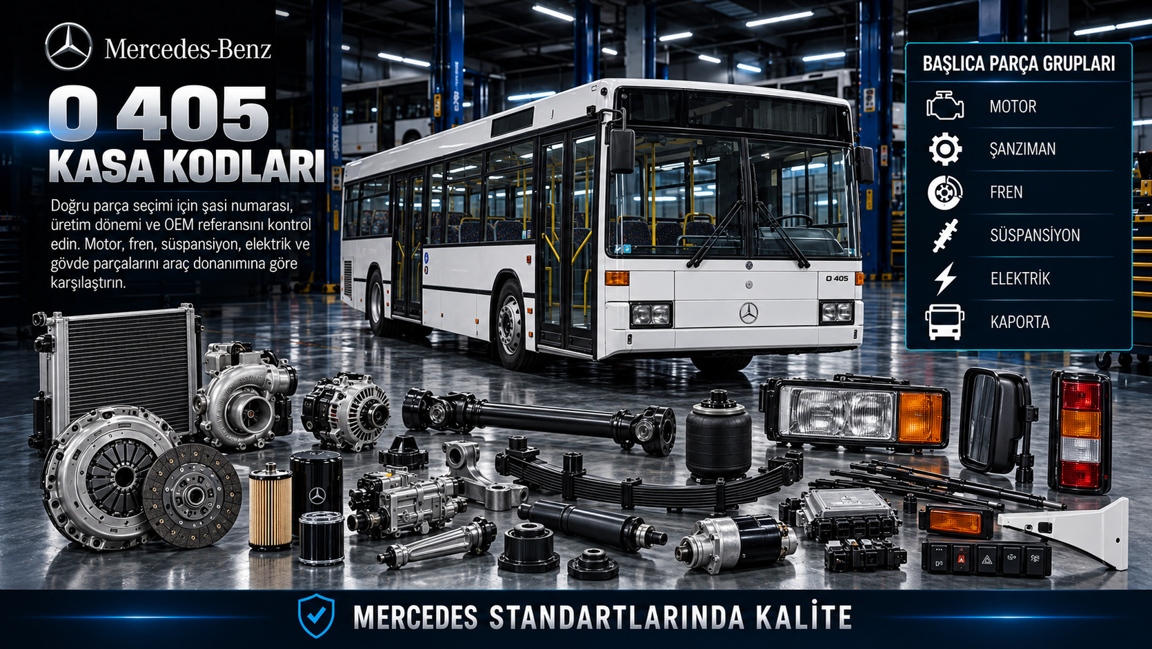 Mercedes O 405 şehir içi otobüs motor, havalı fren, kapı ve gövde parçaları