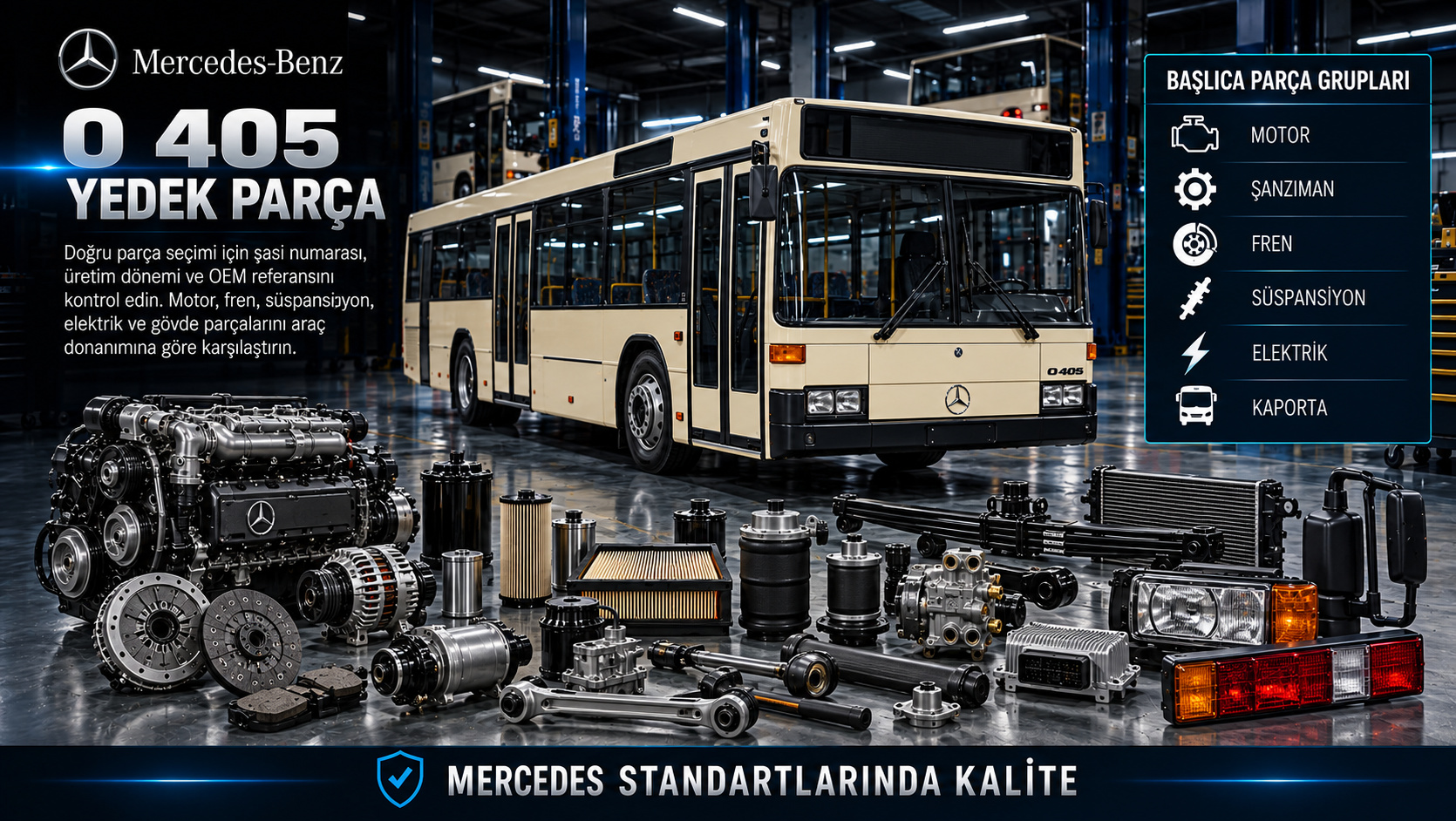 Mercedes O 405 şehir içi otobüs motor, soğutma, fren ve yolcu kapısı parçaları
