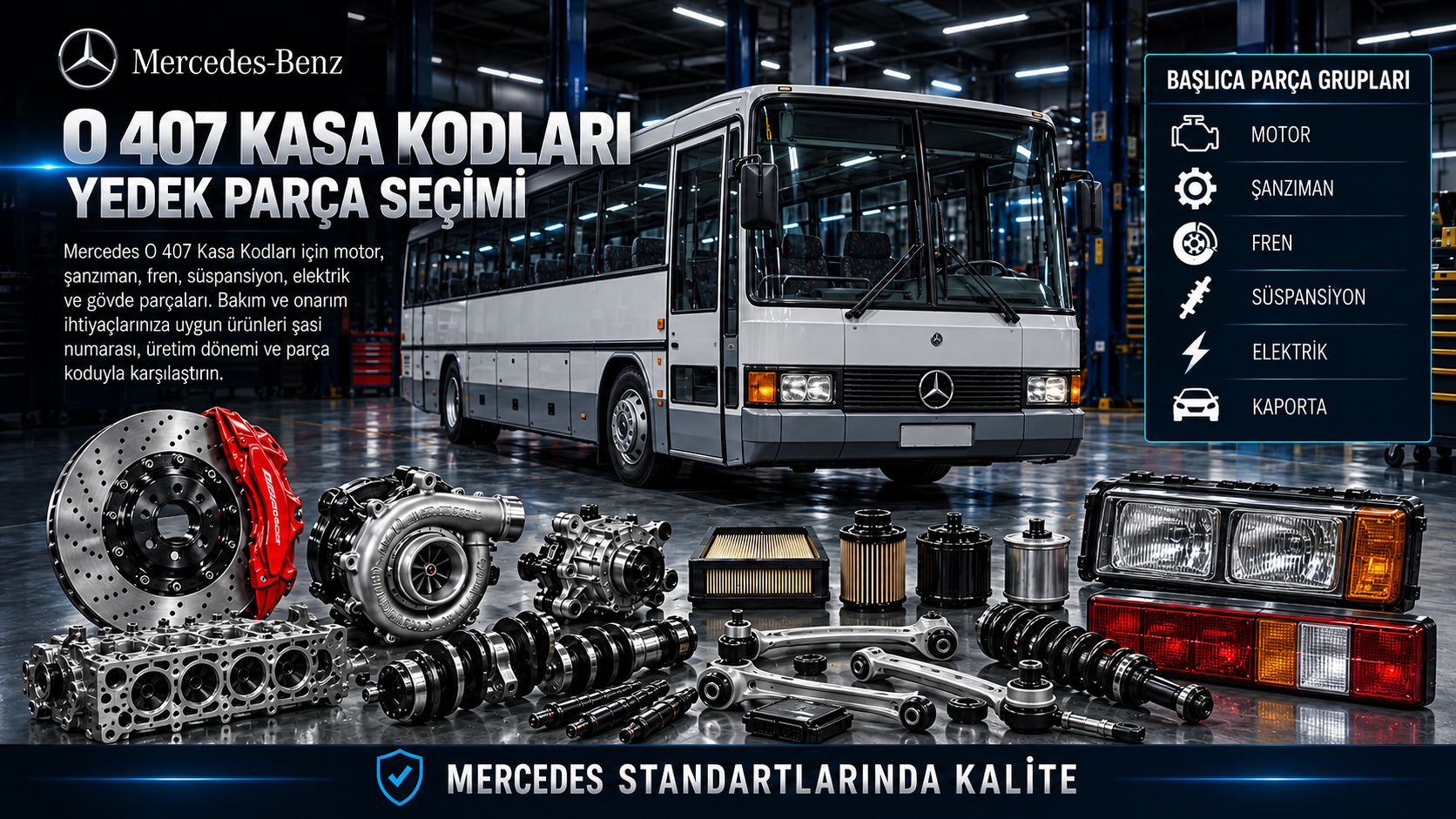 Mercedes O 407 otobüs kasa tanımlama ve motor, hava freni, süspansiyon parçaları