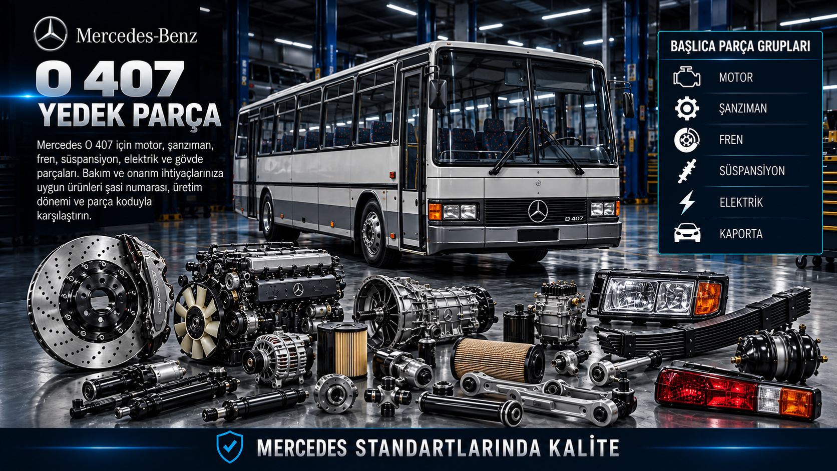 Mercedes O 407 otobüs bakım, motor, fren, süspansiyon ve kapı yedek parçaları