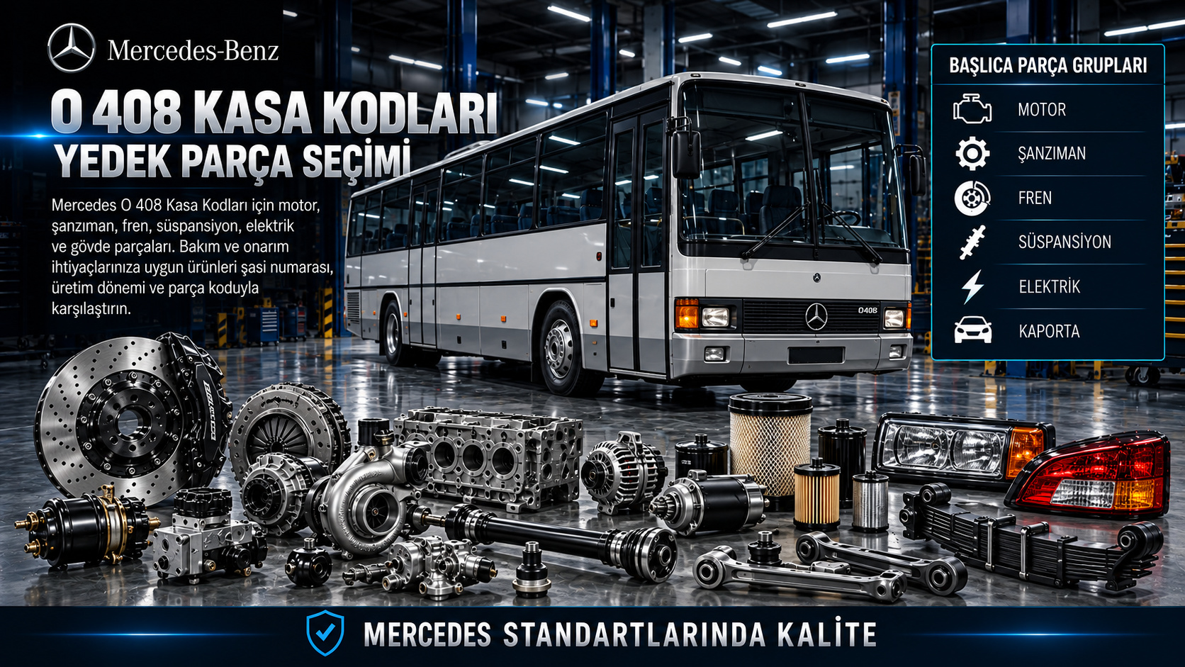 Mercedes O 408 otobüs kasa tanımlama, motor, hava freni ve süspansiyon parçaları