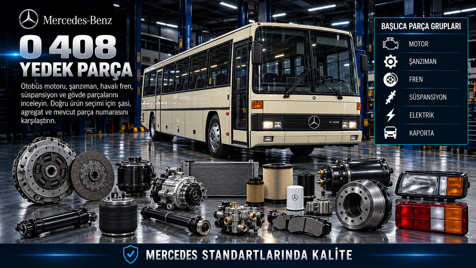 Mercedes O 408 otobüs motor, şanzıman, havalı fren, süspansiyon ve gövde parçaları