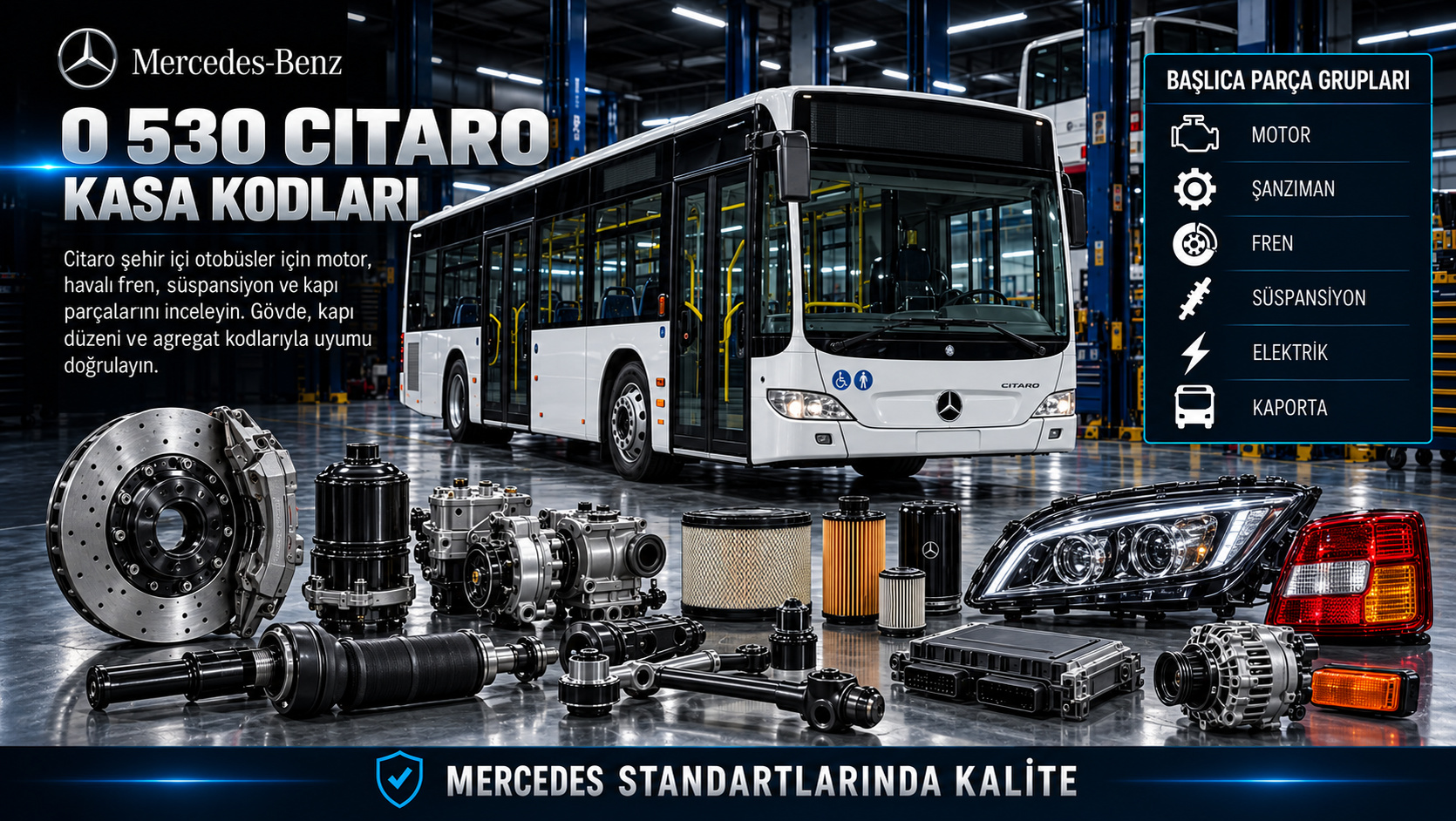 Mercedes O 530 Citaro kasa koduna göre motor, havalı fren, süspansiyon ve yolcu kapısı parçaları