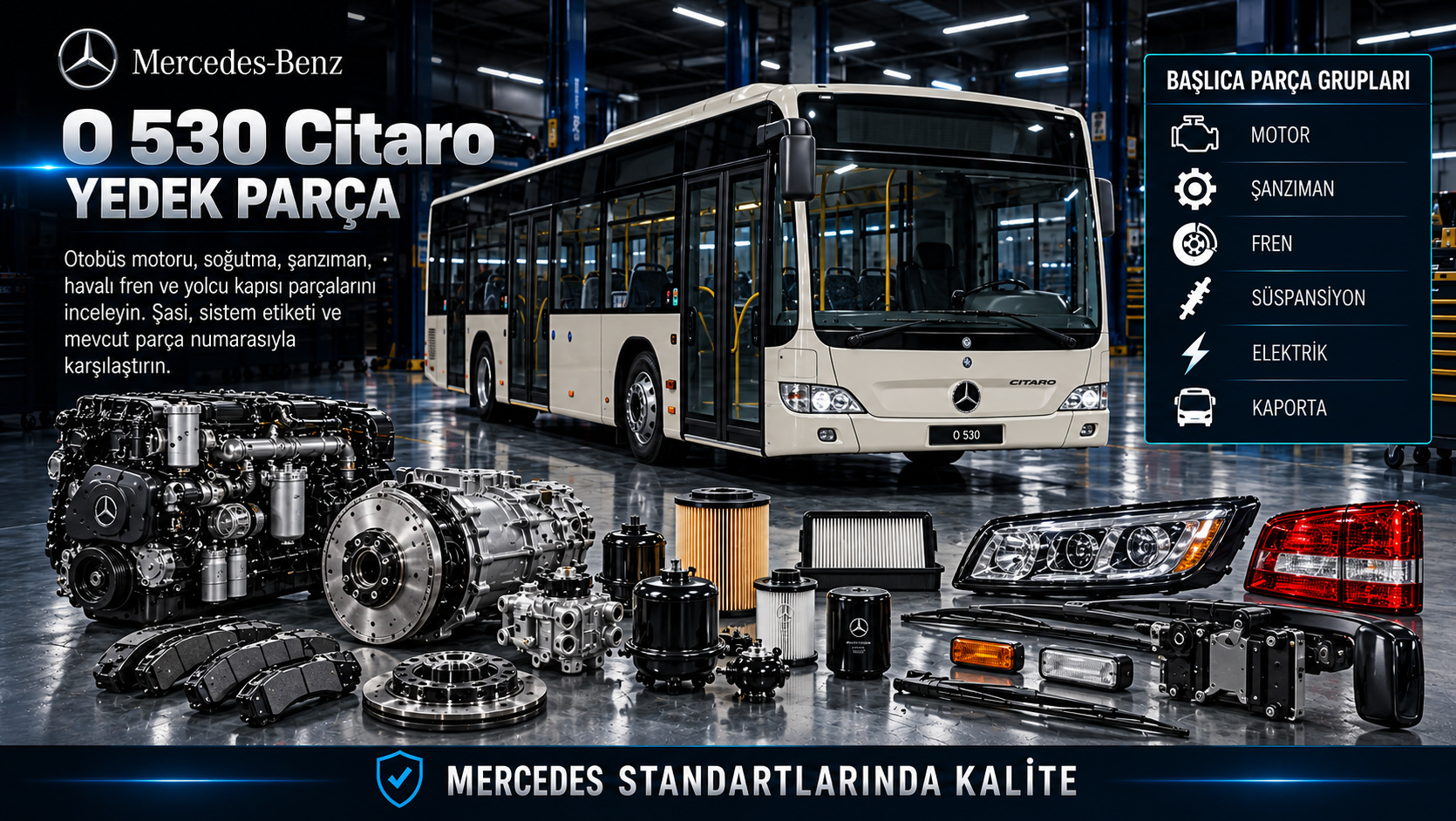 Mercedes O 530 Citaro otobüs motor, soğutma, havalı fren, süspansiyon ve kapı parçaları