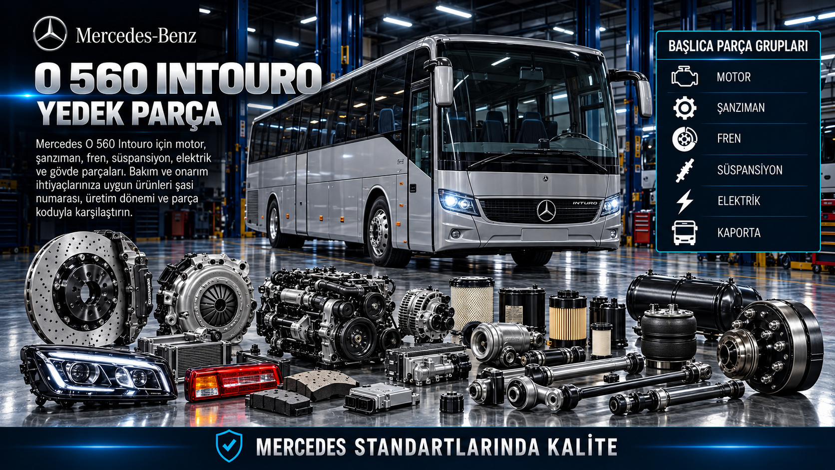 Mercedes O 560 Intouro otobüs bakım, motor, hava freni, körük ve kapı parçaları