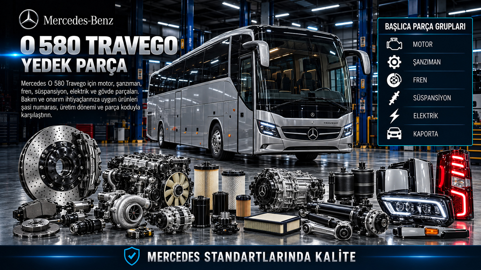Mercedes O 580 Travego otobüs bakım, motor, hava freni, klima ve gövde parçaları