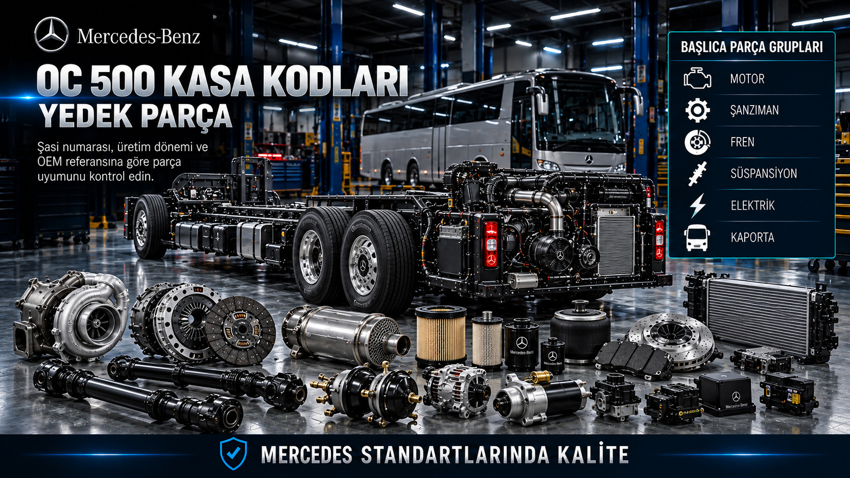 Mercedes OC 500 otobüs şasisi, motor, aks, fren ve hava sistemi parçaları