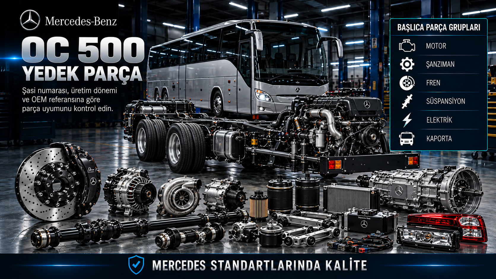 Mercedes OC 500 otobüs şasisi için motor bakım, fren, hava ve süspansiyon parçaları