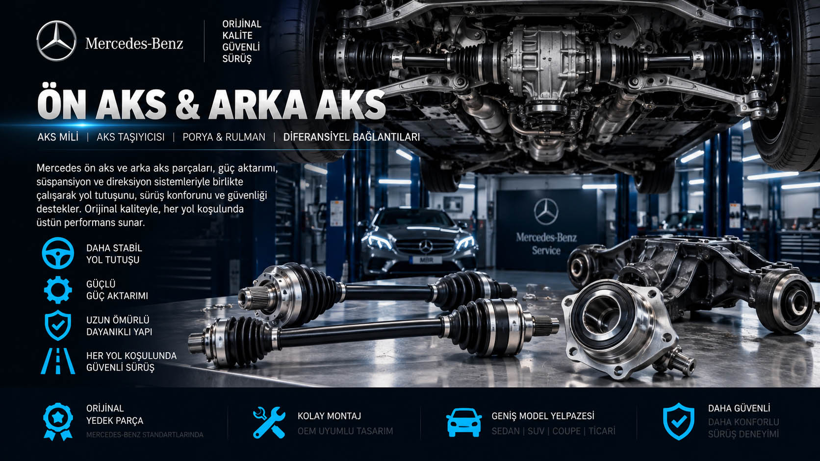 Mercedes Ön Aks ve Arka Aks Mercedes ön aks, arka aks, aks mili, aks taşıyıcısı ve diferansiyel bağlantı parçaları