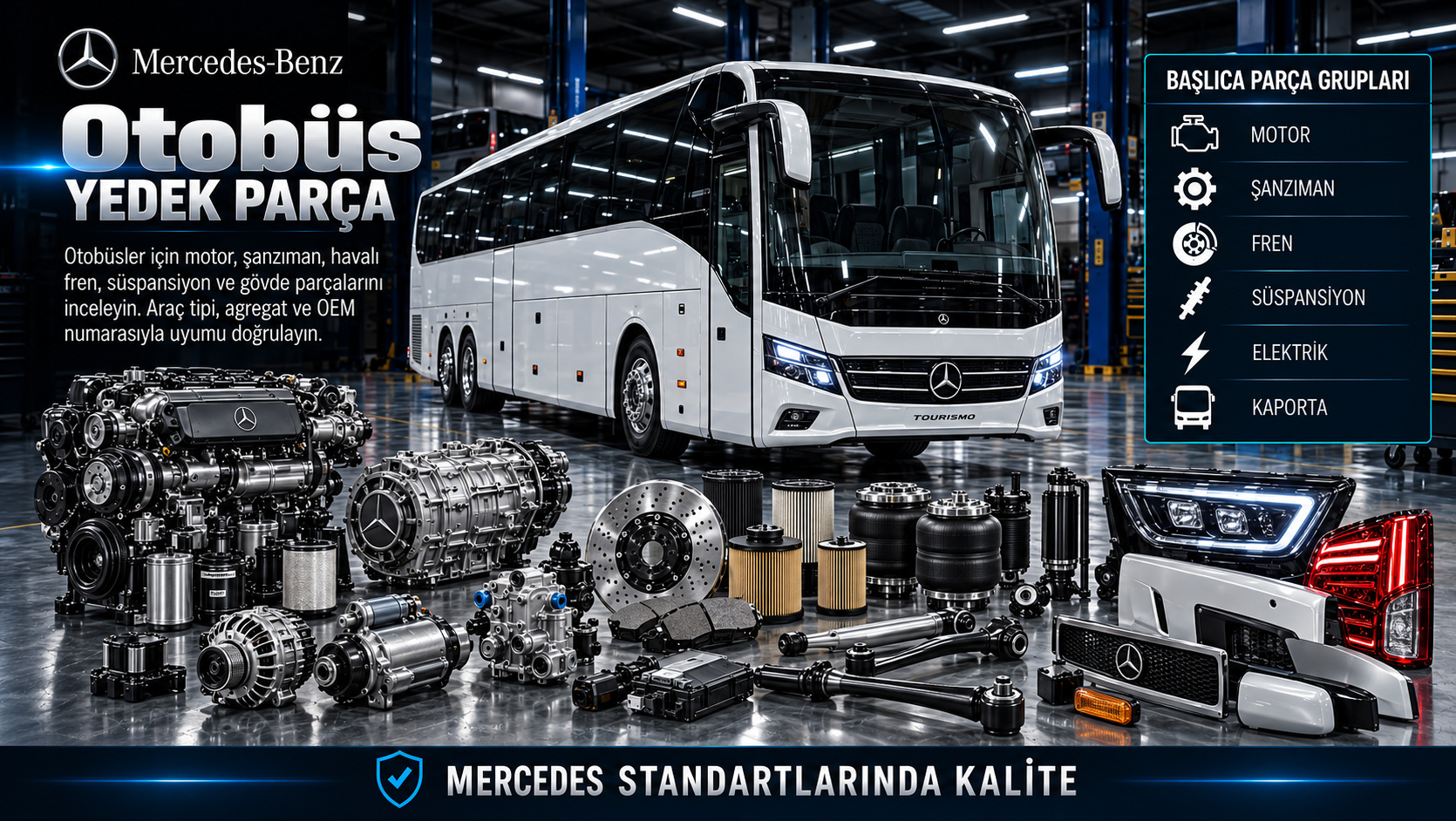 Mercedes Otobüs Yedek Parçaları: motor, aktarma, fren, süspansiyon ve gövde parçaları
