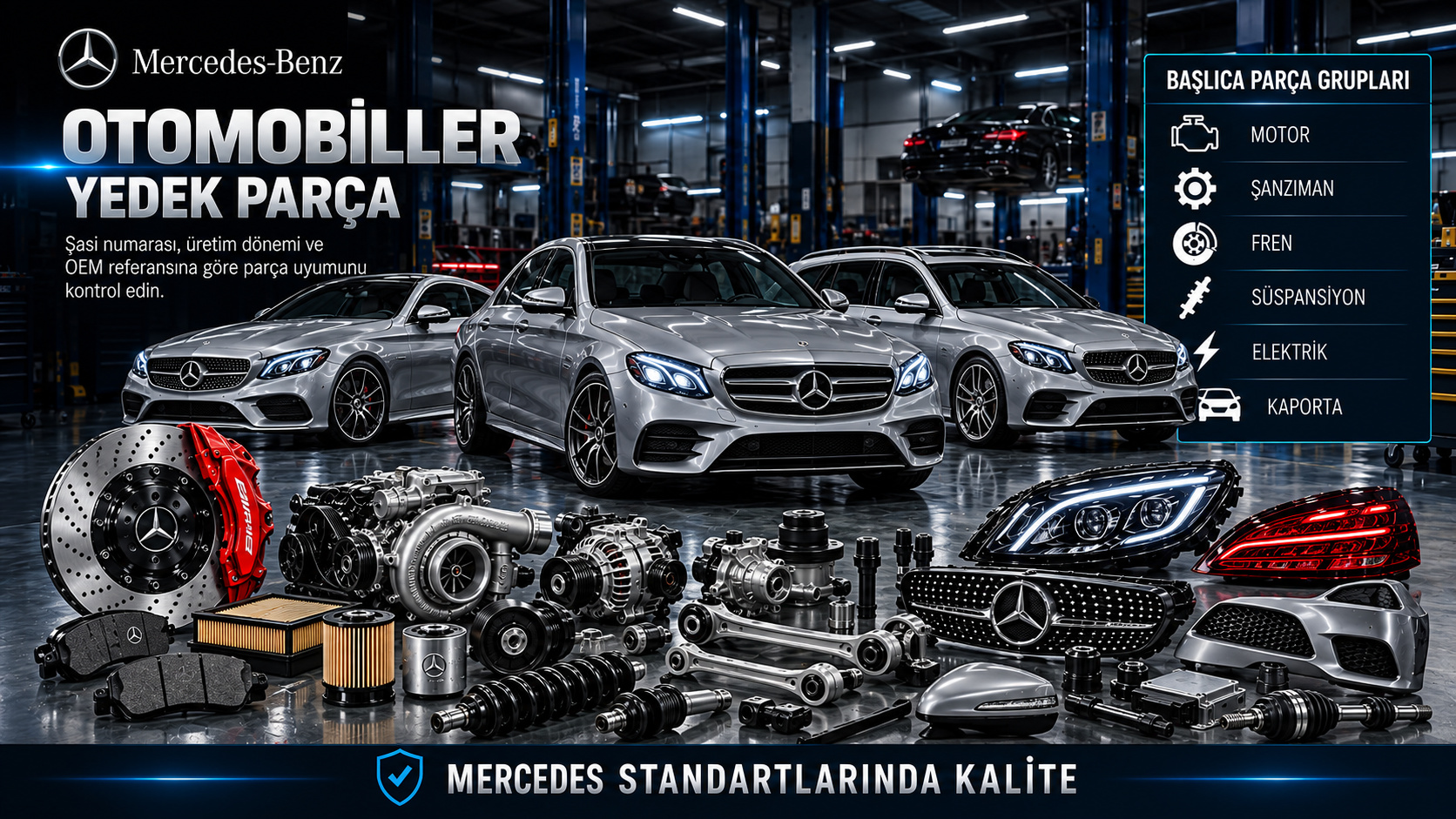 Mercedes otomobiller için seri, kasa ve tahrik sistemine göre yedek parça grupları