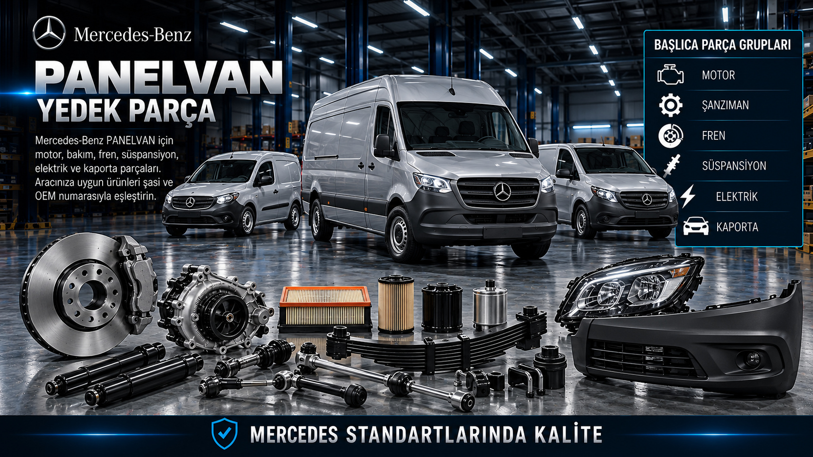 Mercedes panelvan araçlar için kasa koduna göre motor, fren, süspansiyon ve ticari gövde parçaları