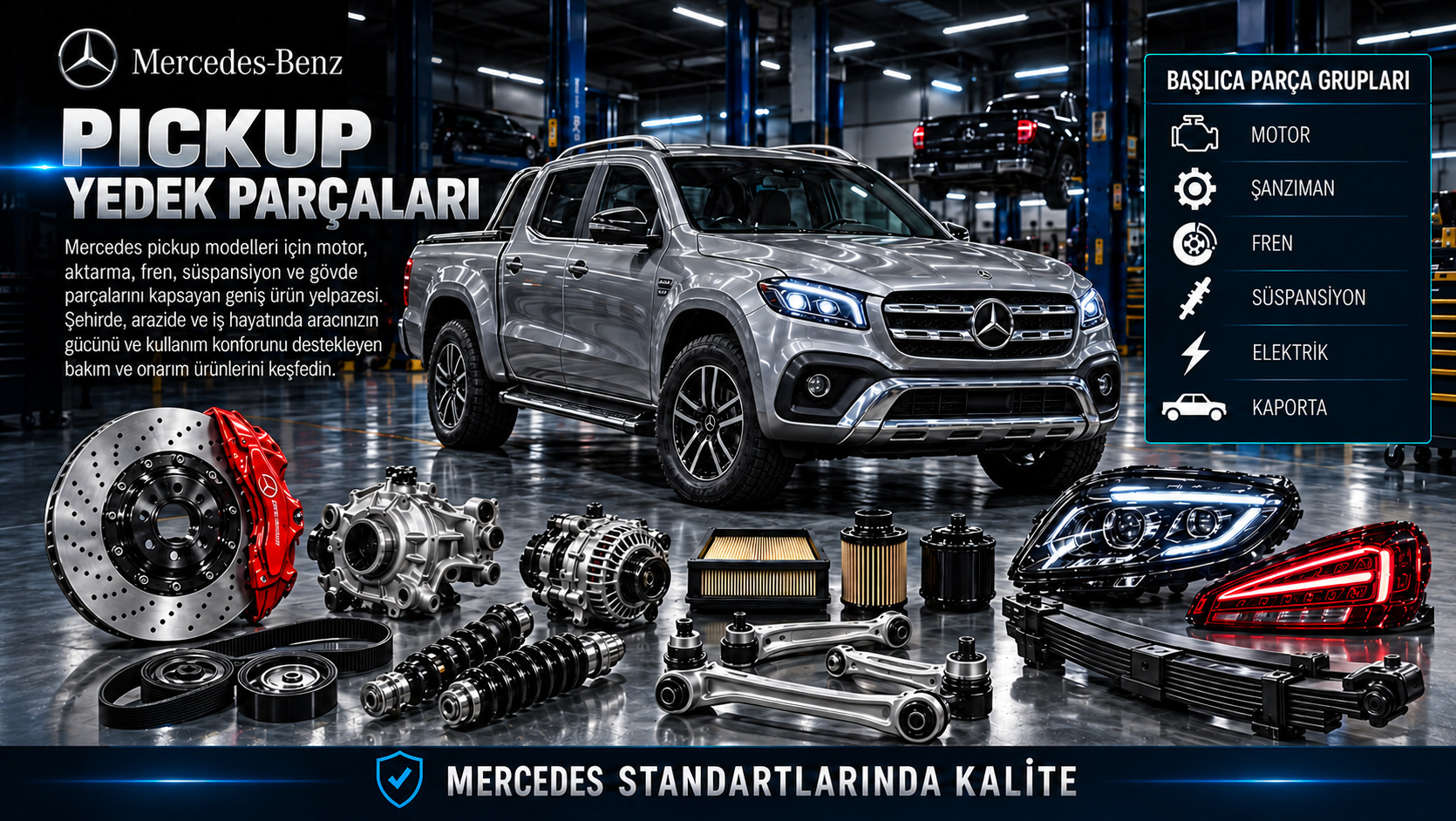 Mercedes Pickup Yedek Parçaları: motor, aktarma, fren, süspansiyon ve gövde parçaları