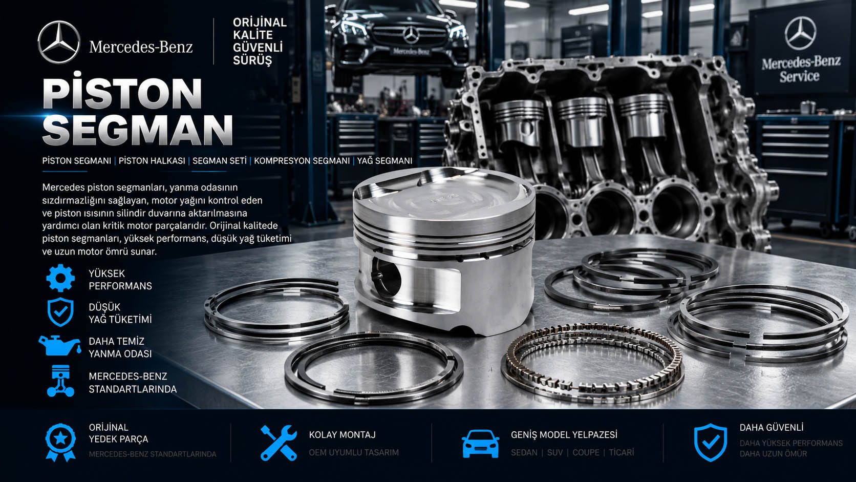 Mercedes piston segman, piston halkası ve segman seti çeşitleri